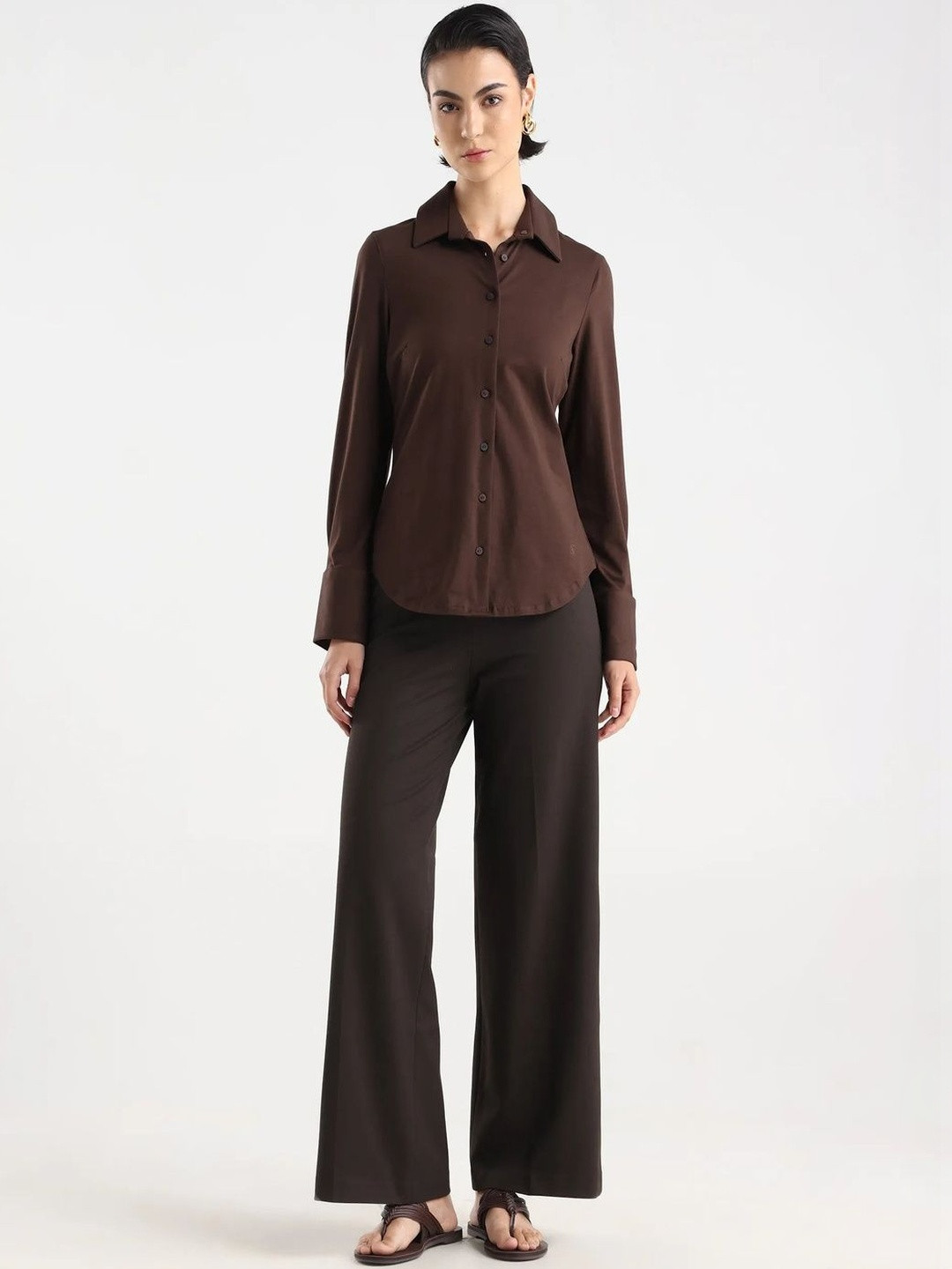 RAREISM Women Brown Wide Leg Fit Plain Trouser