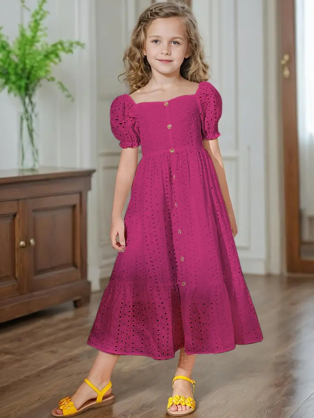 Sangria Girls Self Design Puff Sleeve Fit & Flare Dress