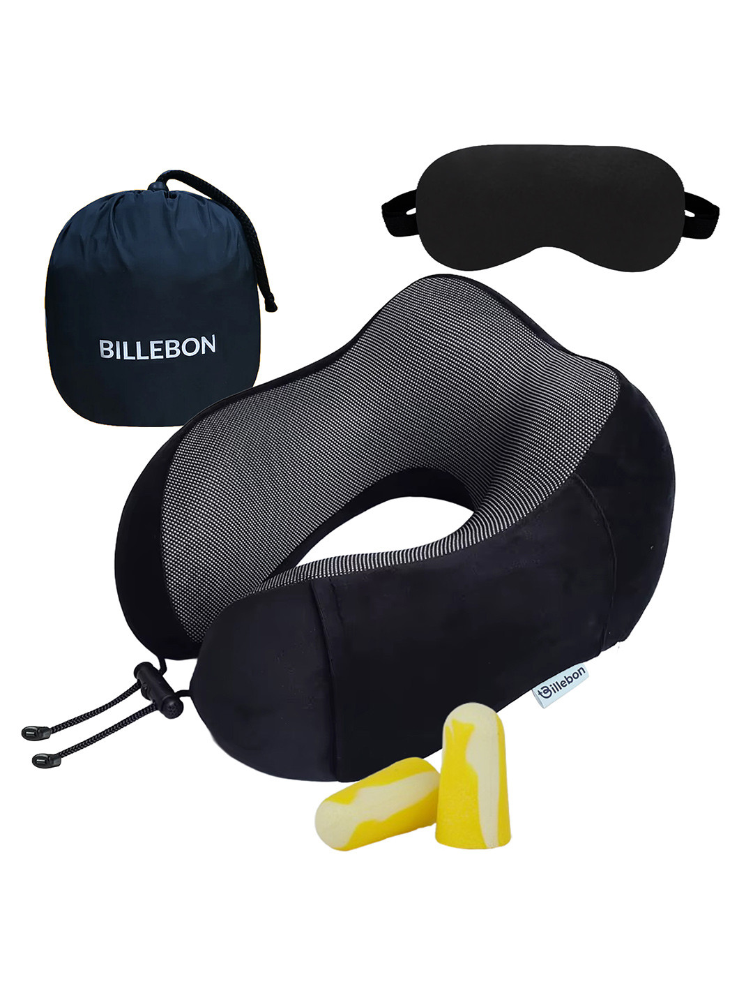 BILLEBON Premium Black Solid Faux Velvet Breathable Firm Memory Foam Travel Pillow-9 x 17 x 32 cm