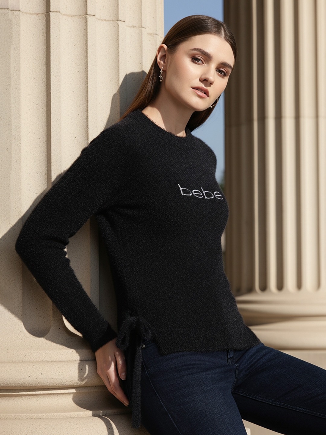 bebe Women Brighter Basics Pullover with Embroidered Detail