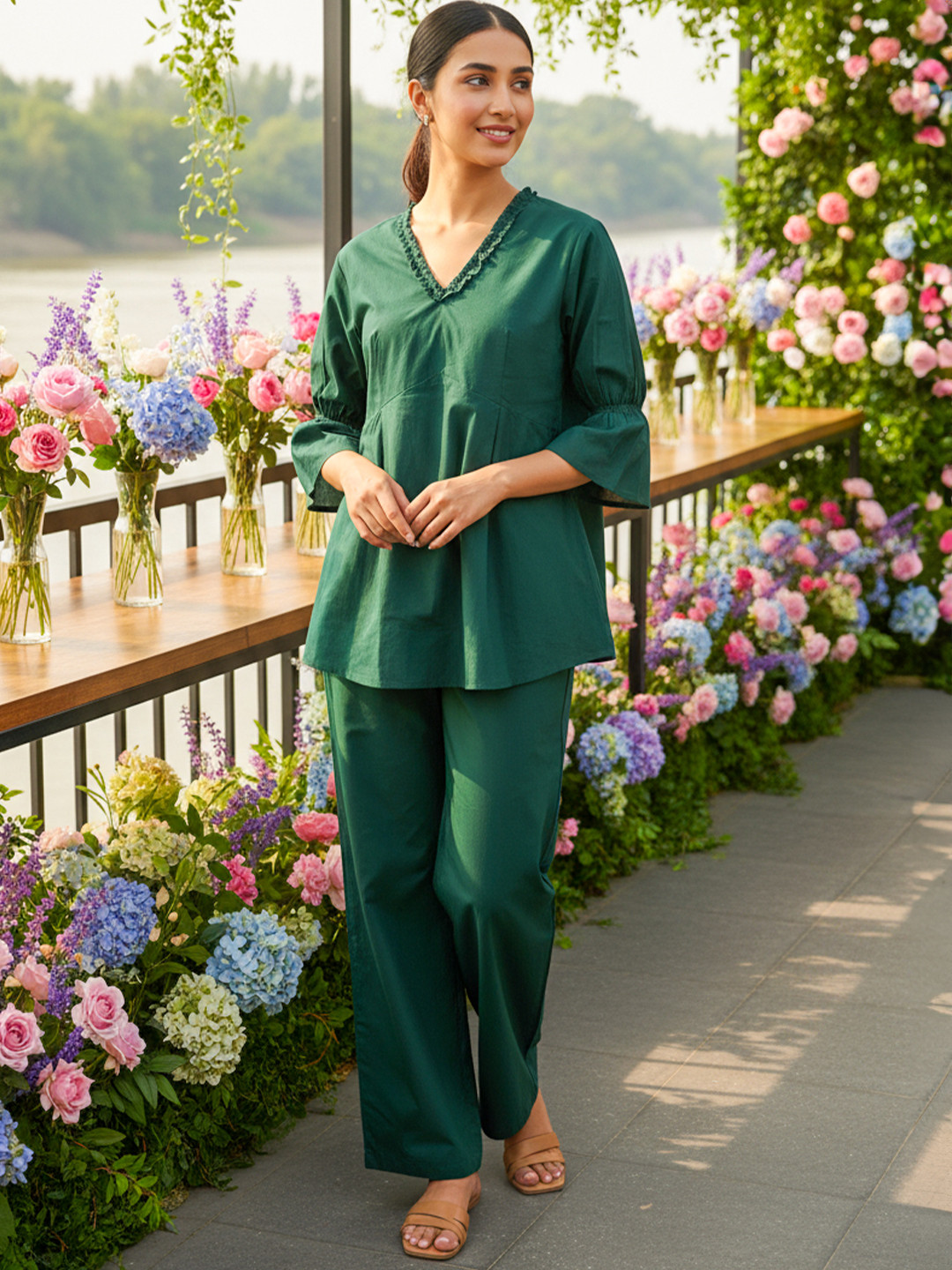 JISORA Solid Green V Neck Pure Cotton Top With Trouser Co-Ord Set