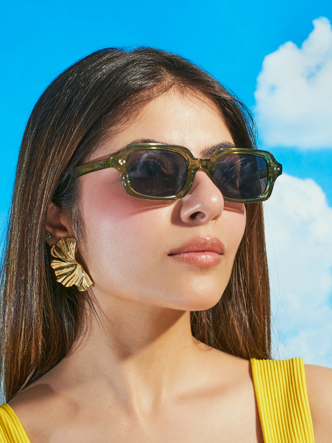 SALTY Unisex Black Lens & Green Rectangle Sunglasses