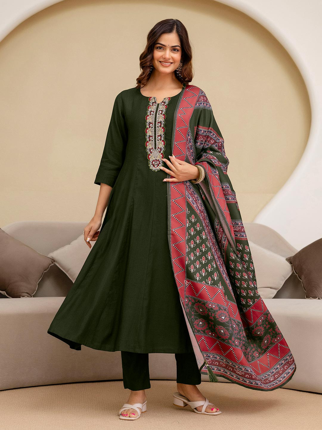 Trendmalls Women's Art Silk Embroidered Sequins Work Anarkali Kurta Pant with Dupatta