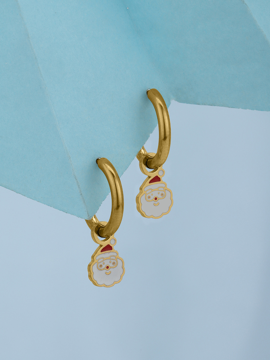 Carlton London Girls 18K Gold Plated Dangling Enamel Santa Hoop Earring