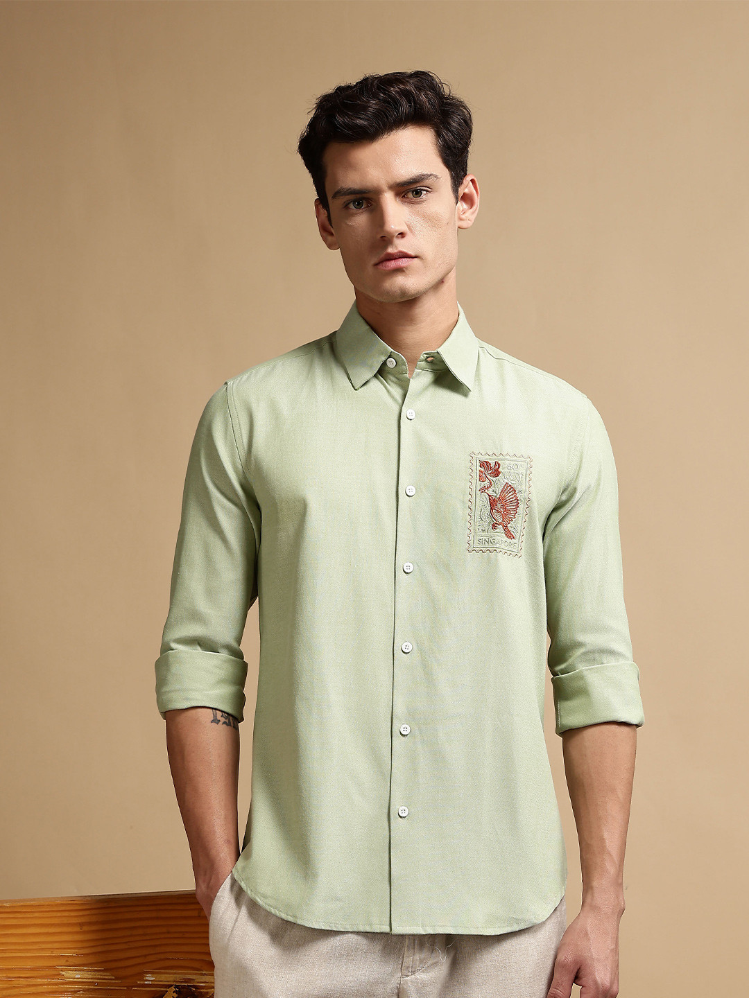 Eszett Stamp Embroidered Long Sleeves Pure Cotton Shirt