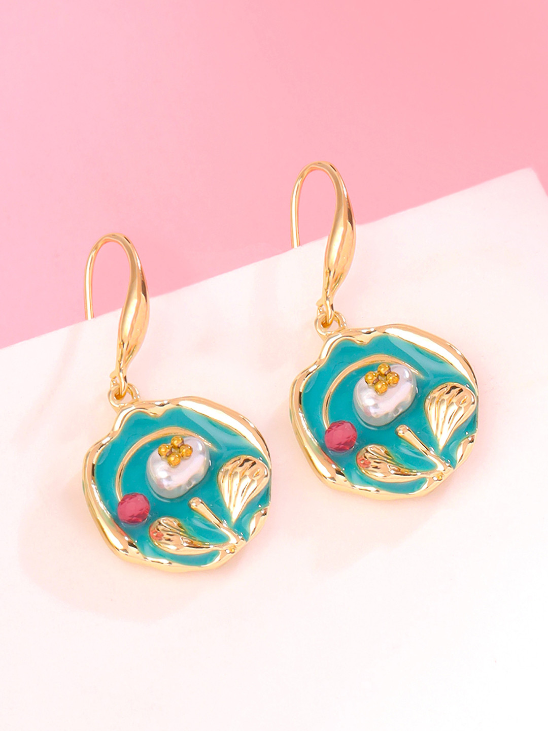 Qiroko Korean Circular Shaped Enamel Drop Earrings