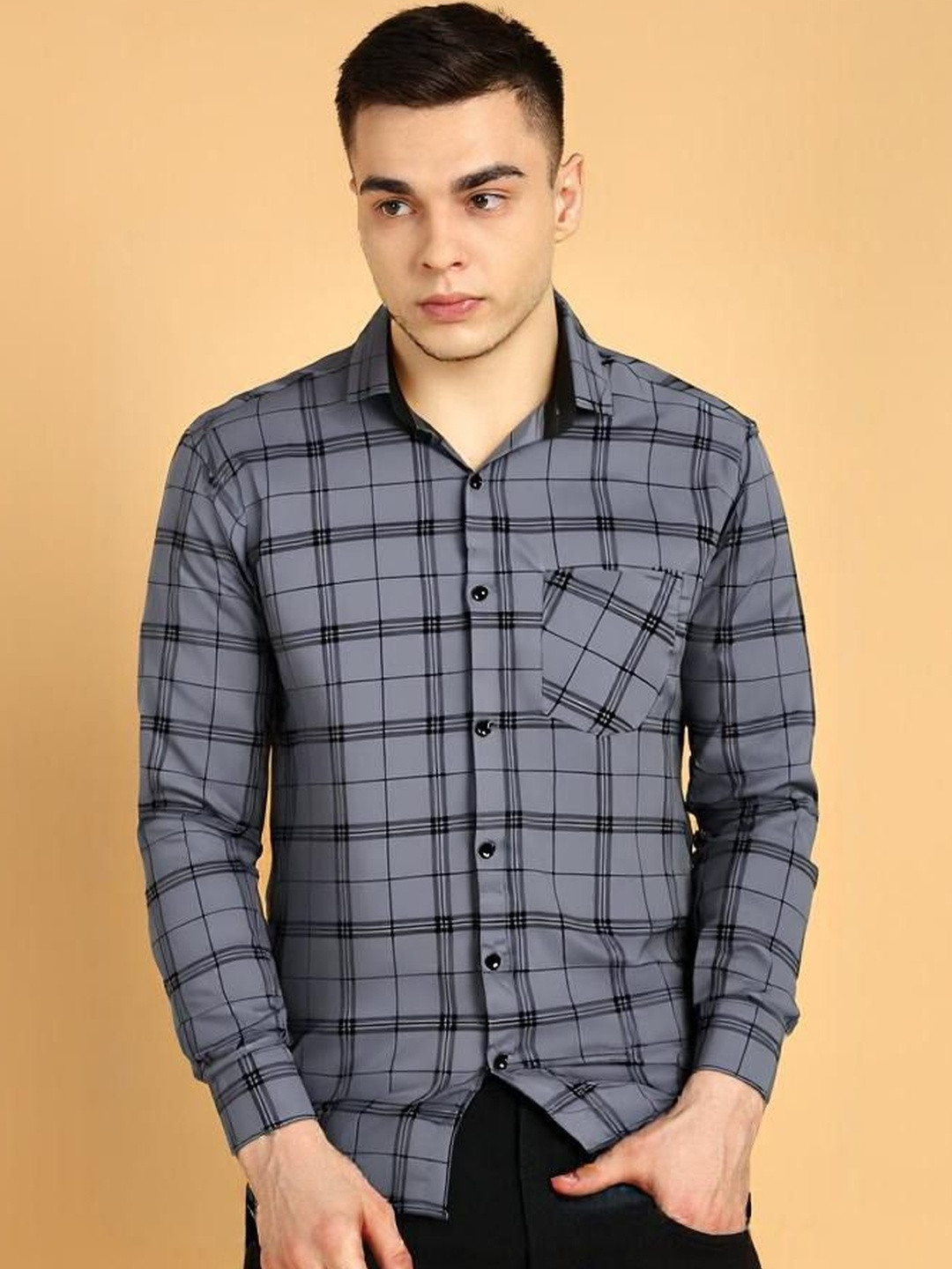RODEIZ Men Comfort Slim Fit Windowpane Checks Checked Casual Shirt