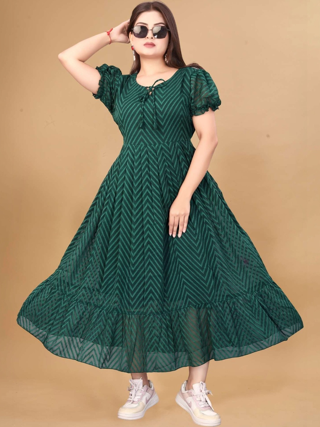 QENA Print Puff Sleeve Georgette Fit & Flare Maxi Dress