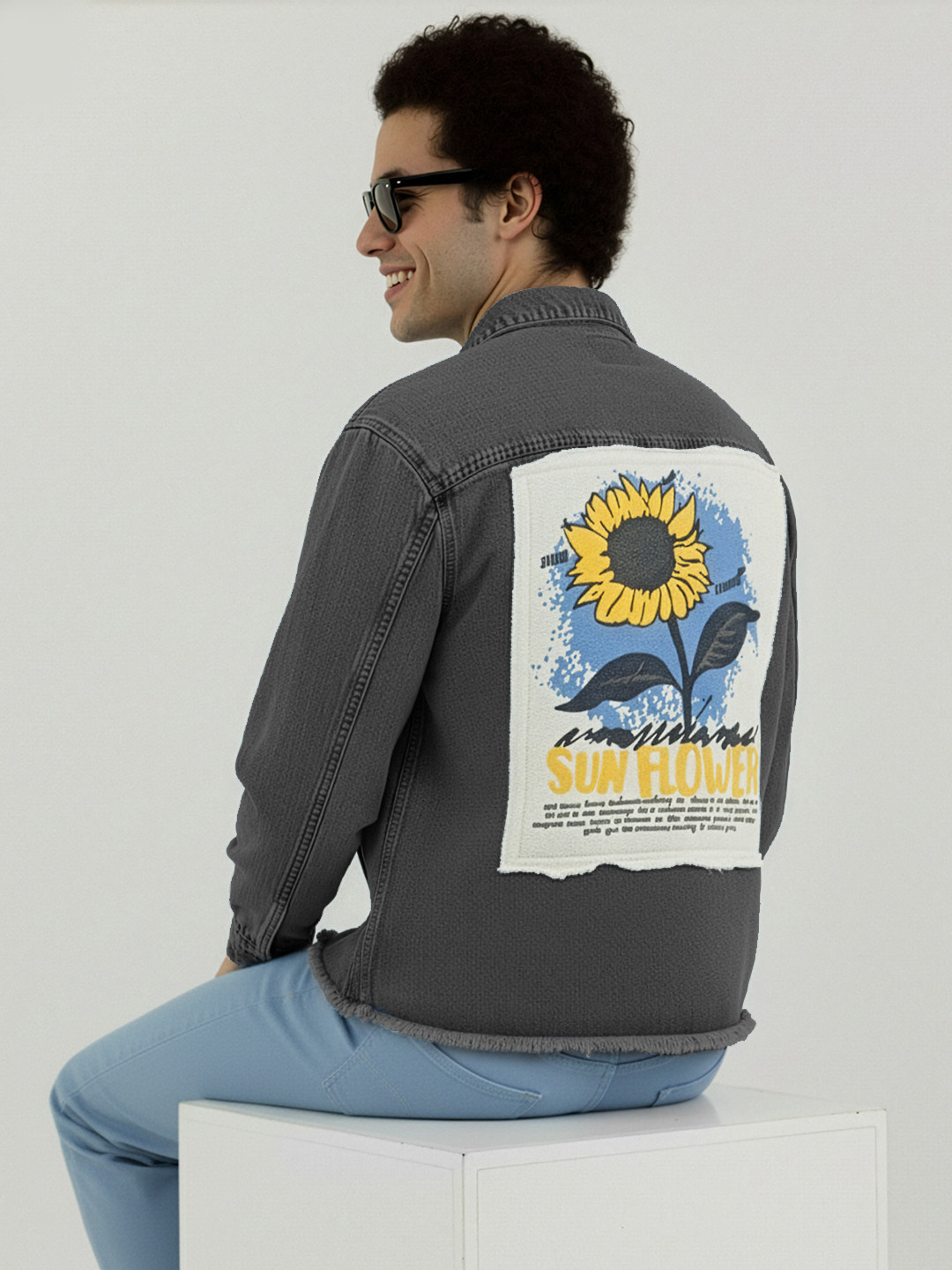 Mast & Harbour Spread Collar Pure Cotton Denim Jacket with Graphic Printed Patchwork