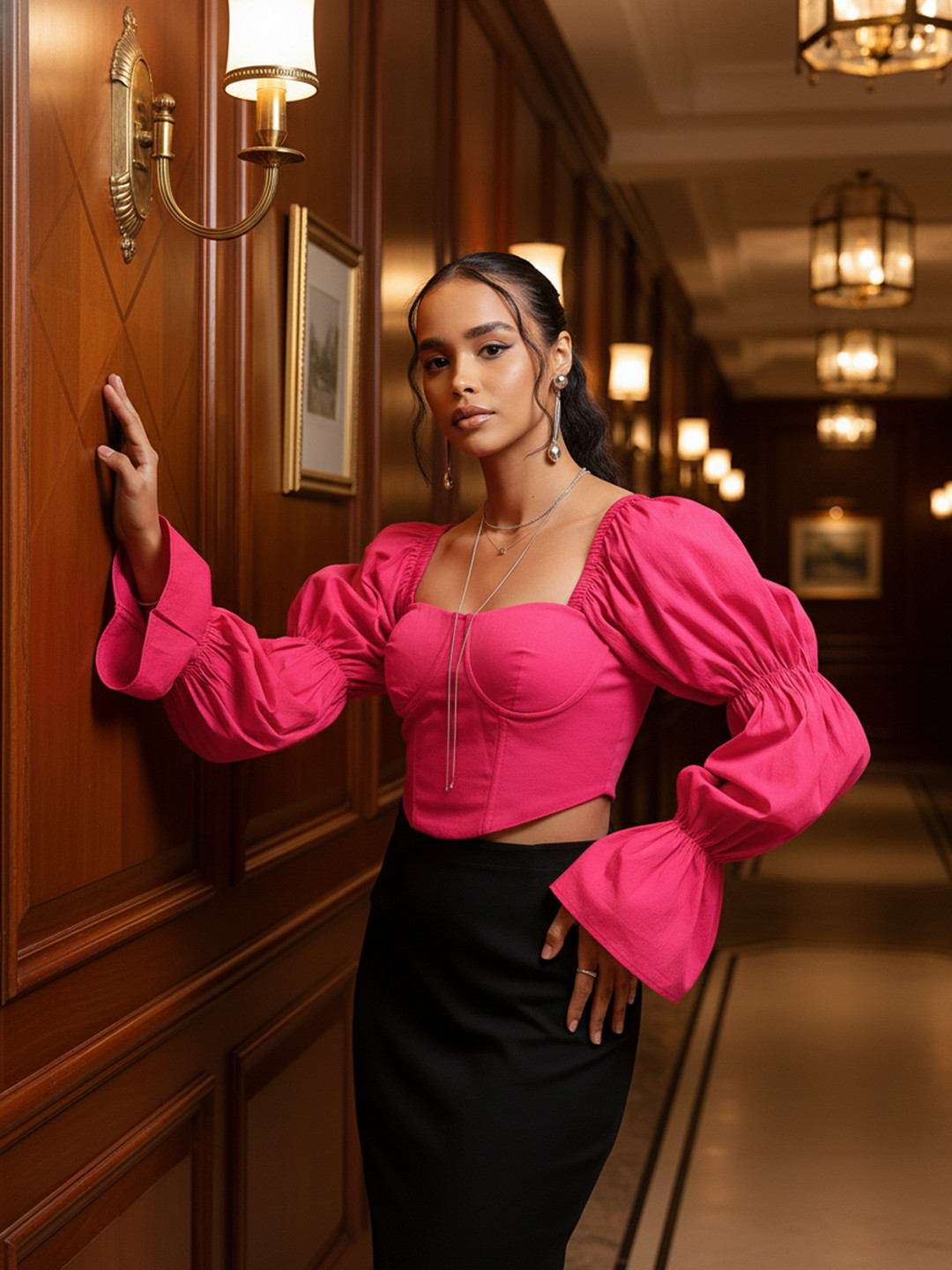 bebe Brigher Basics Sweetheart Neck Puff Sleeve Smocked Top