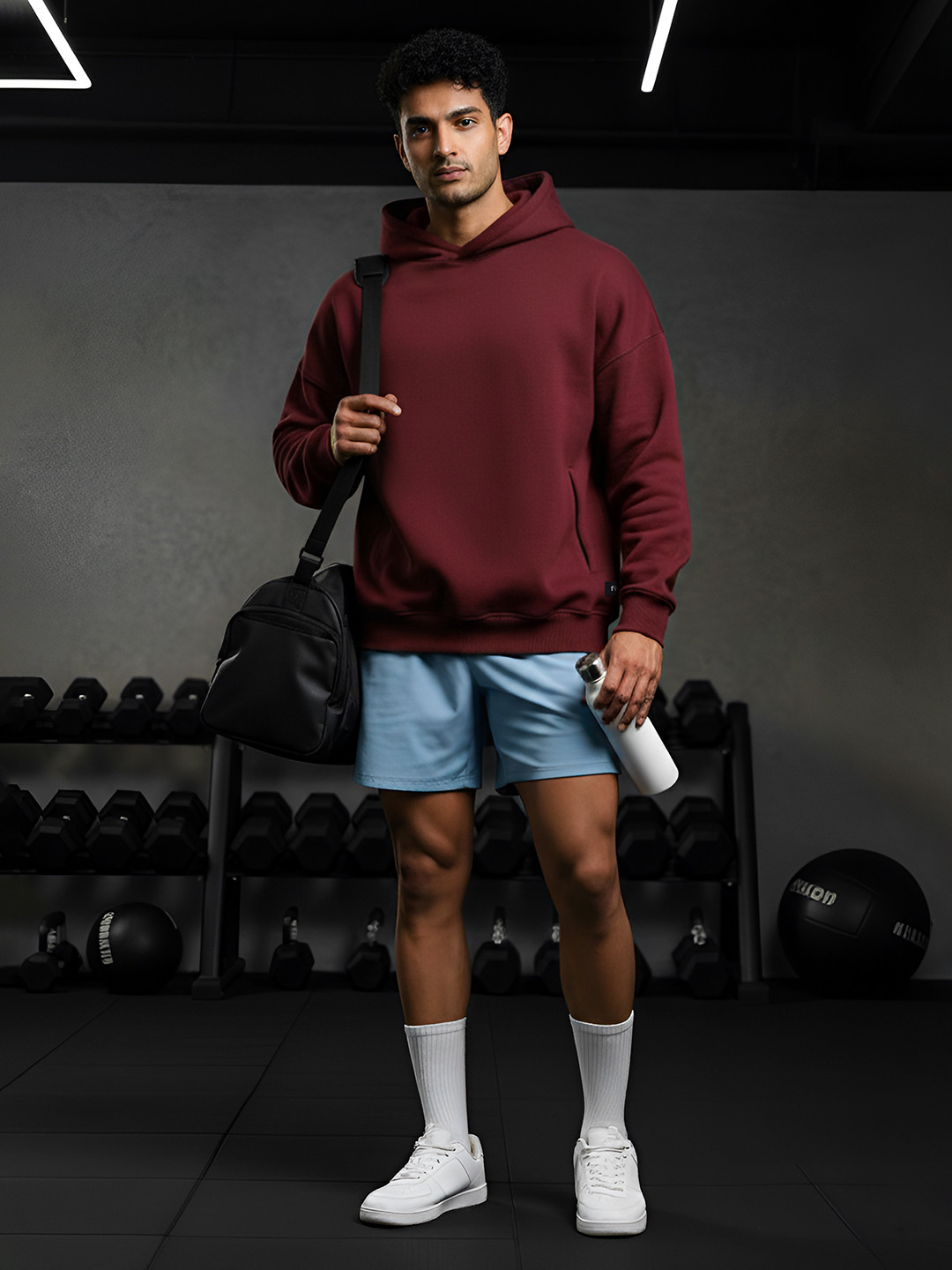 Fitkin Men Fleece Burgundy Solid Hooded Winter Sweatshirt