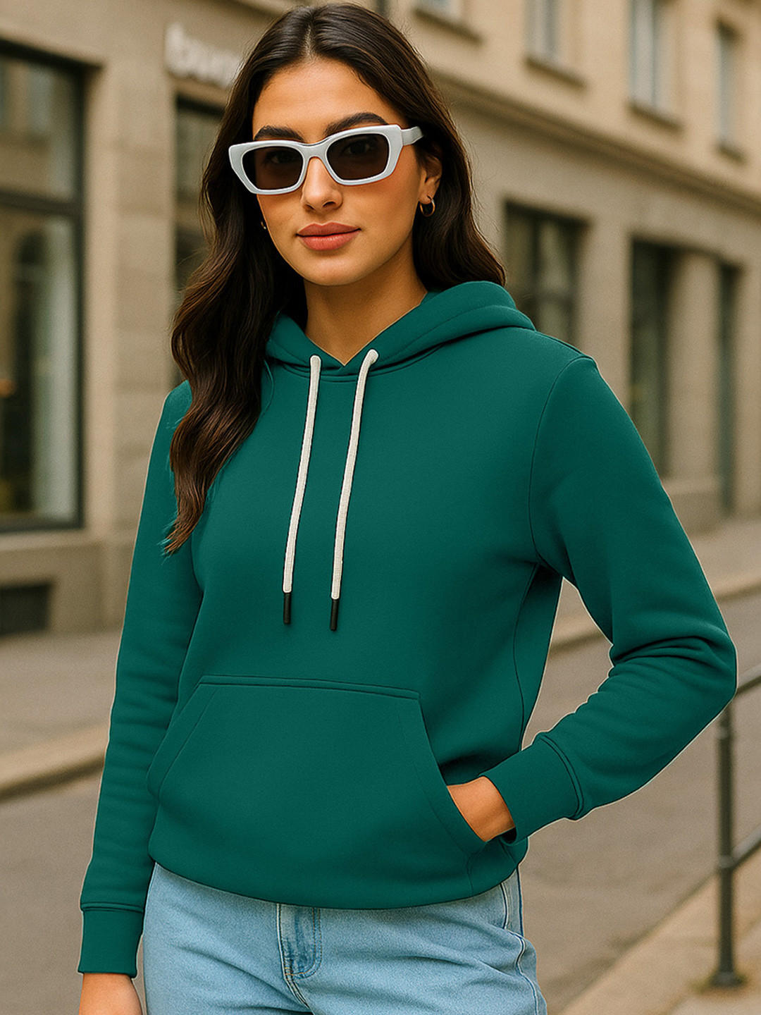 JUNEBERRY Women Solid Full Sleeves Hooded Sweatshirt