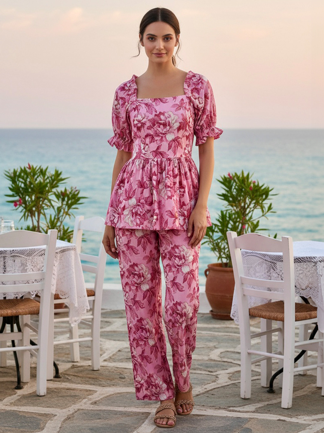 JISORA Pink Floral Printed Pure Cotton Tunic & Trouser Co Ords