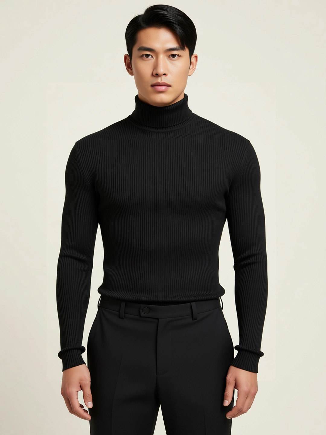 fashlook Men Black Self Design Ribbed High Neck Sweatshirt