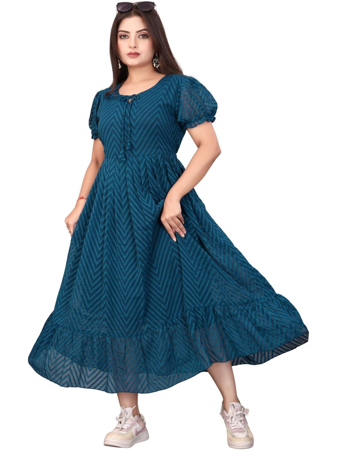 QENA Puff Sleeve Georgette Fit & Flare Midi Dress
