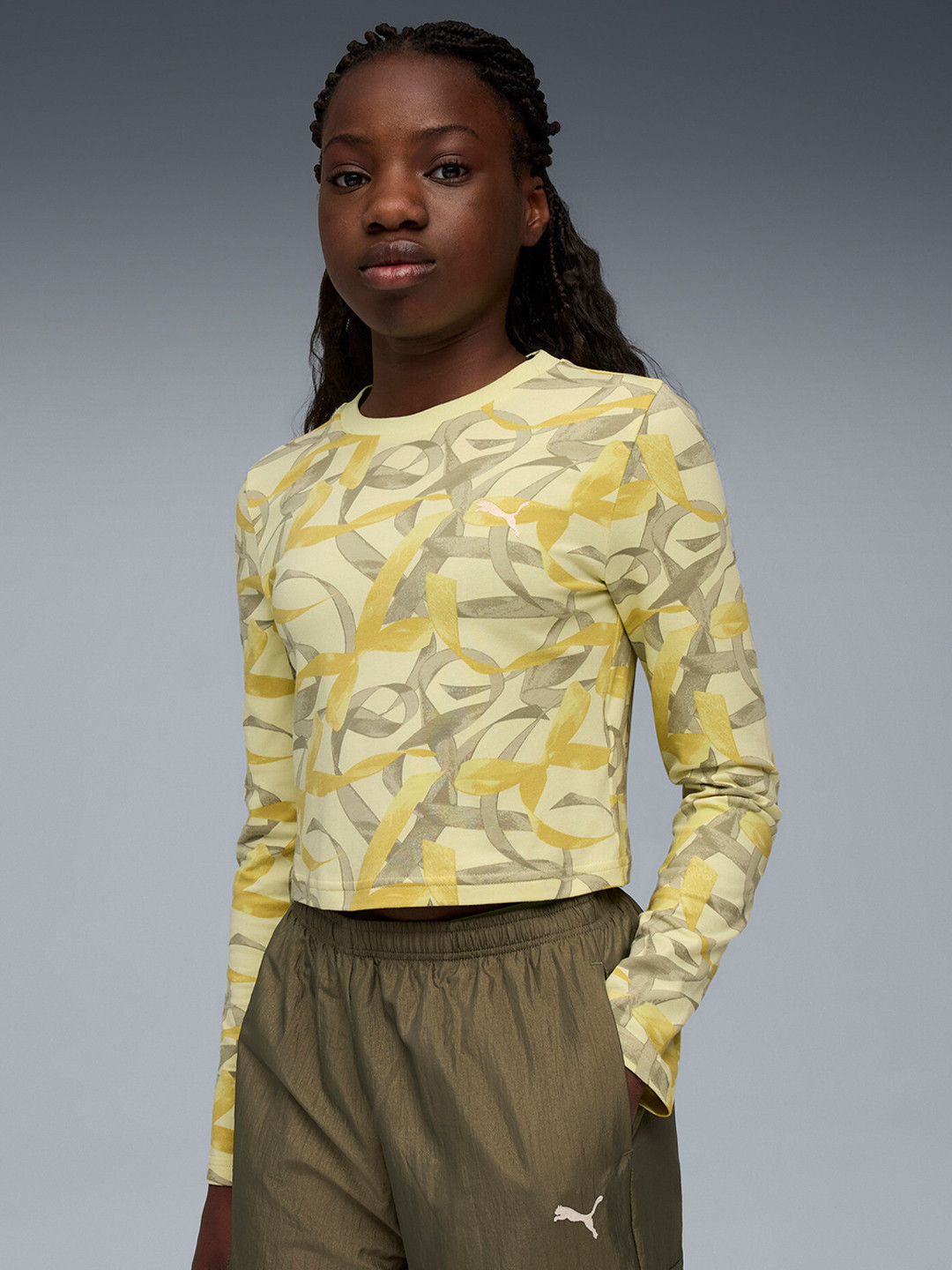 Puma Bowtique Aop Youth Abstract Printed Slim-Fit Long Sleeve Cotton T-Shirt