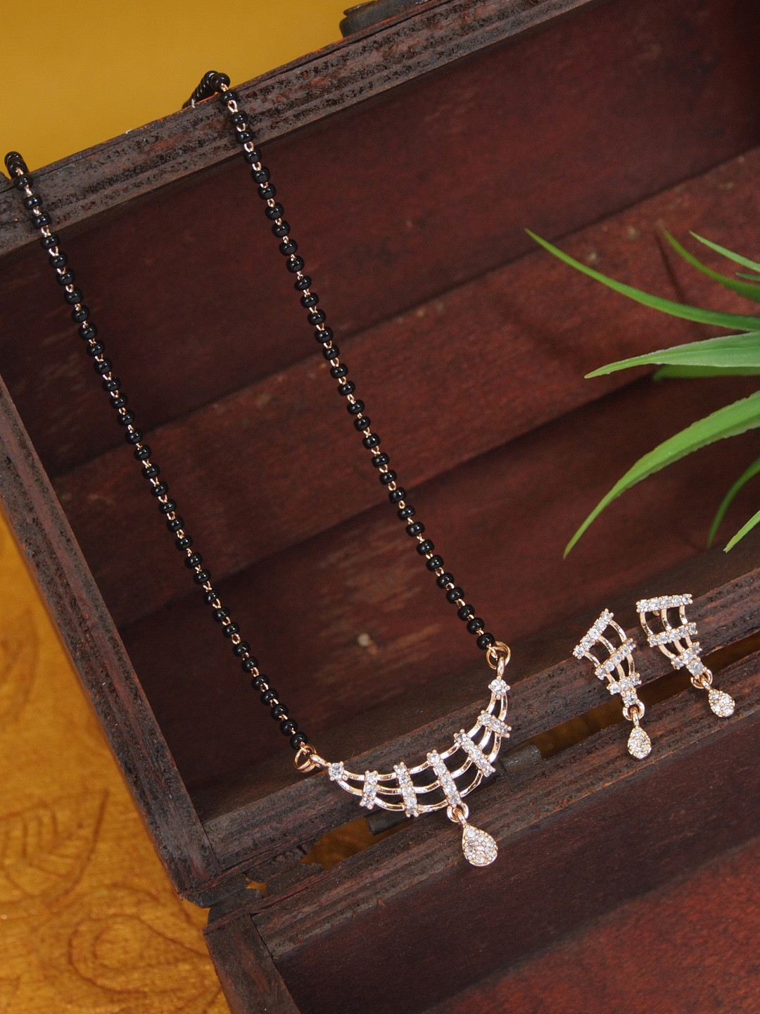 I Jewels Gold-Plated American Diamond Studded & Beaded Mangalsutra With Earrings