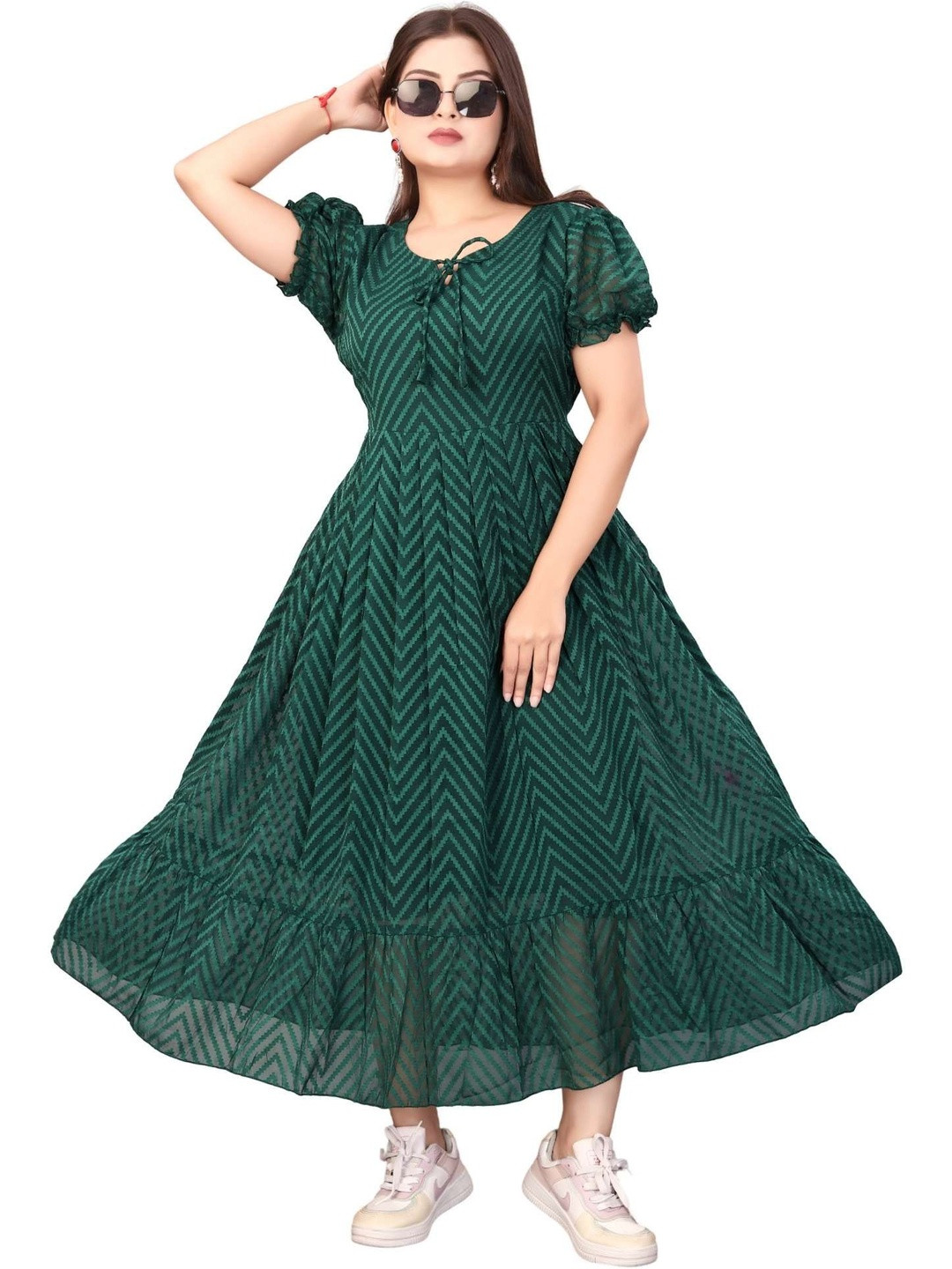 QENA Print Tie-Up Neck Puff Sleeve Georgette Fit & Flare Midi Dress