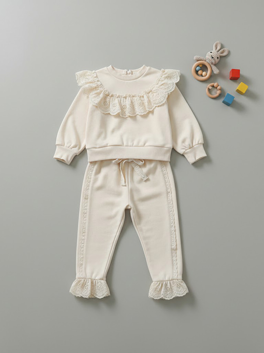 YK Girls Cotton Ruffle-Detail Long Sleeve Top & Trousers Clothing Set