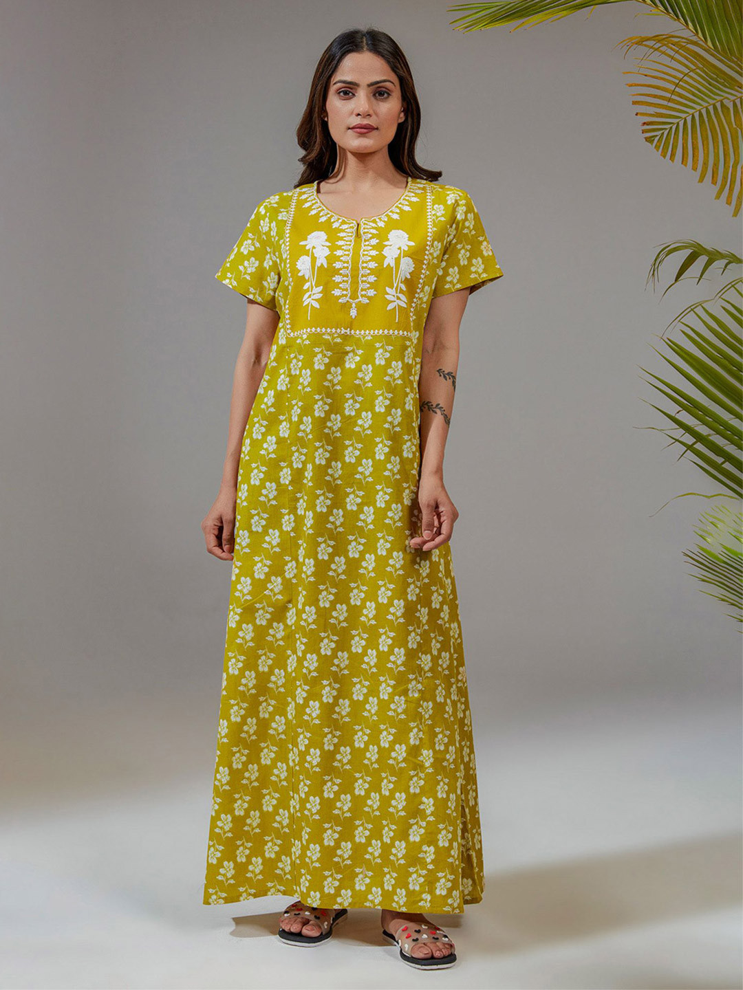 Nihsamah Women Floral Embroidered Round Neck Maxi Nightdress