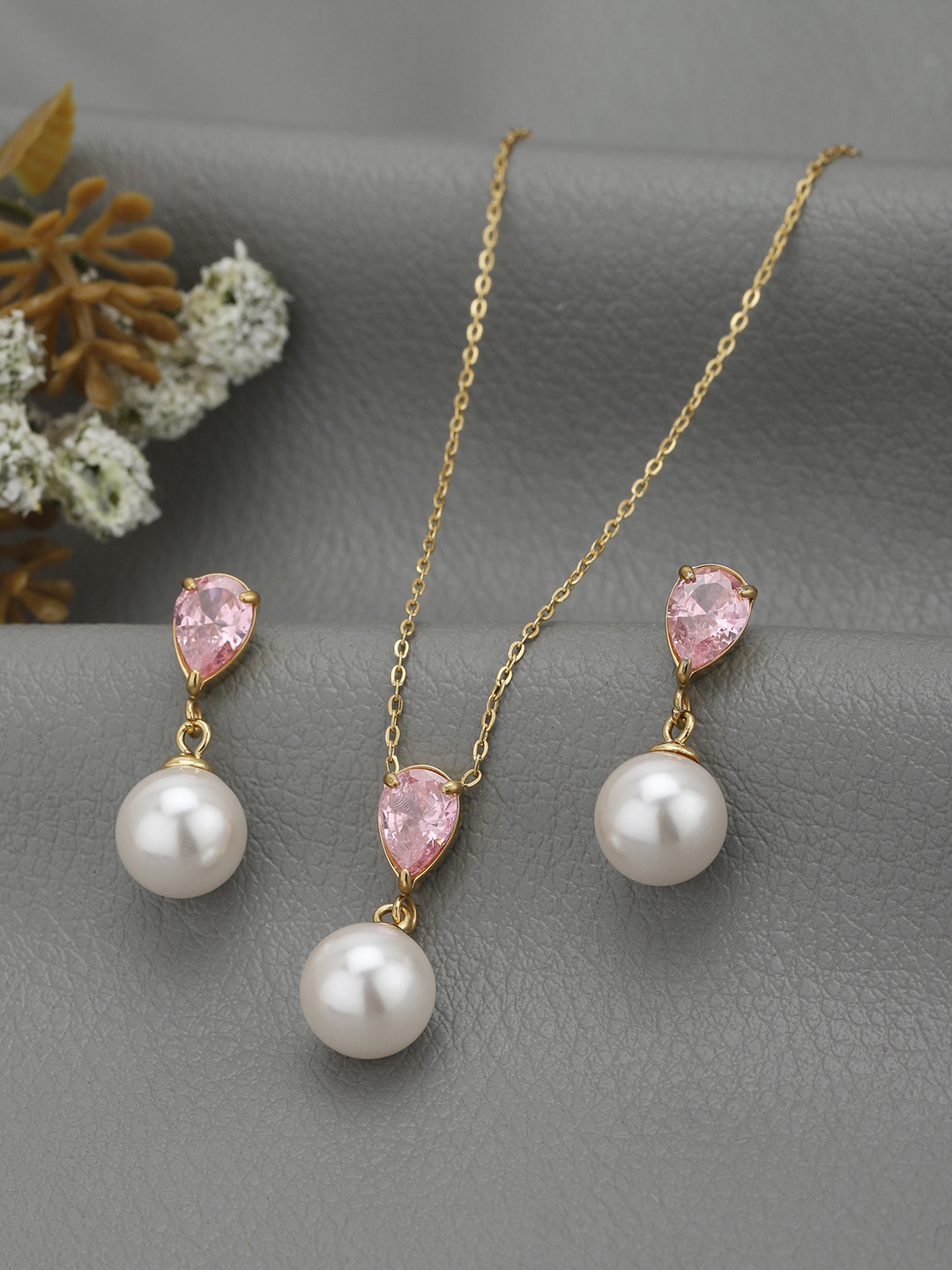 Carlton London 18K Gold Plated Pear Drop CZ Pearls Necklace and Drop Earring Set