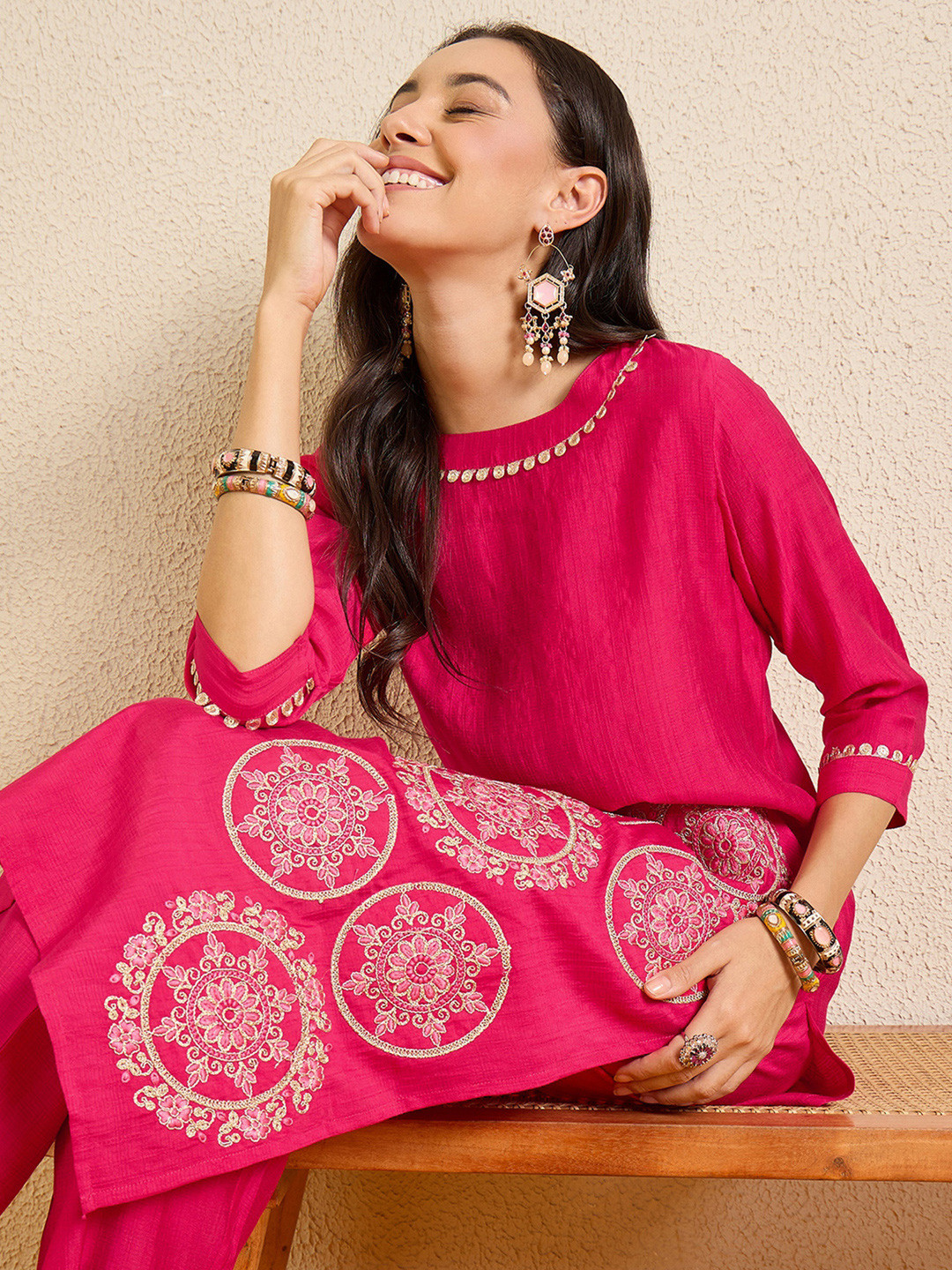 Indo Era Women Ethnic Motifs Embroidered Regular Thread Work Kurta with Trousers