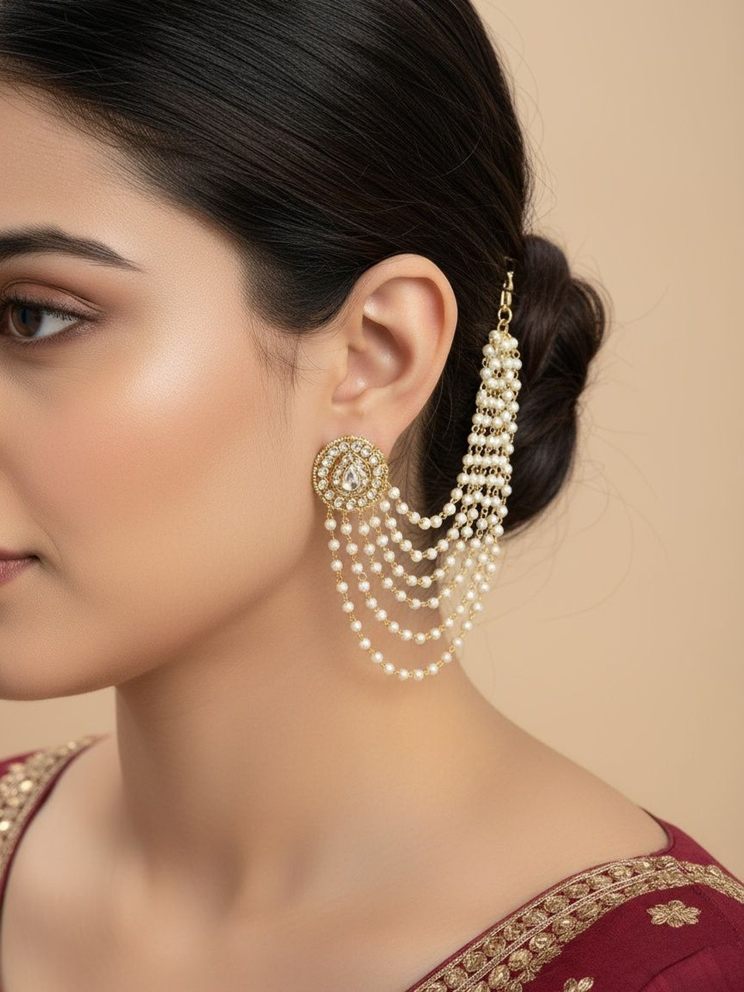 SZN Pearl Studded Claic Gold-Plated 5 Line Ear Chain