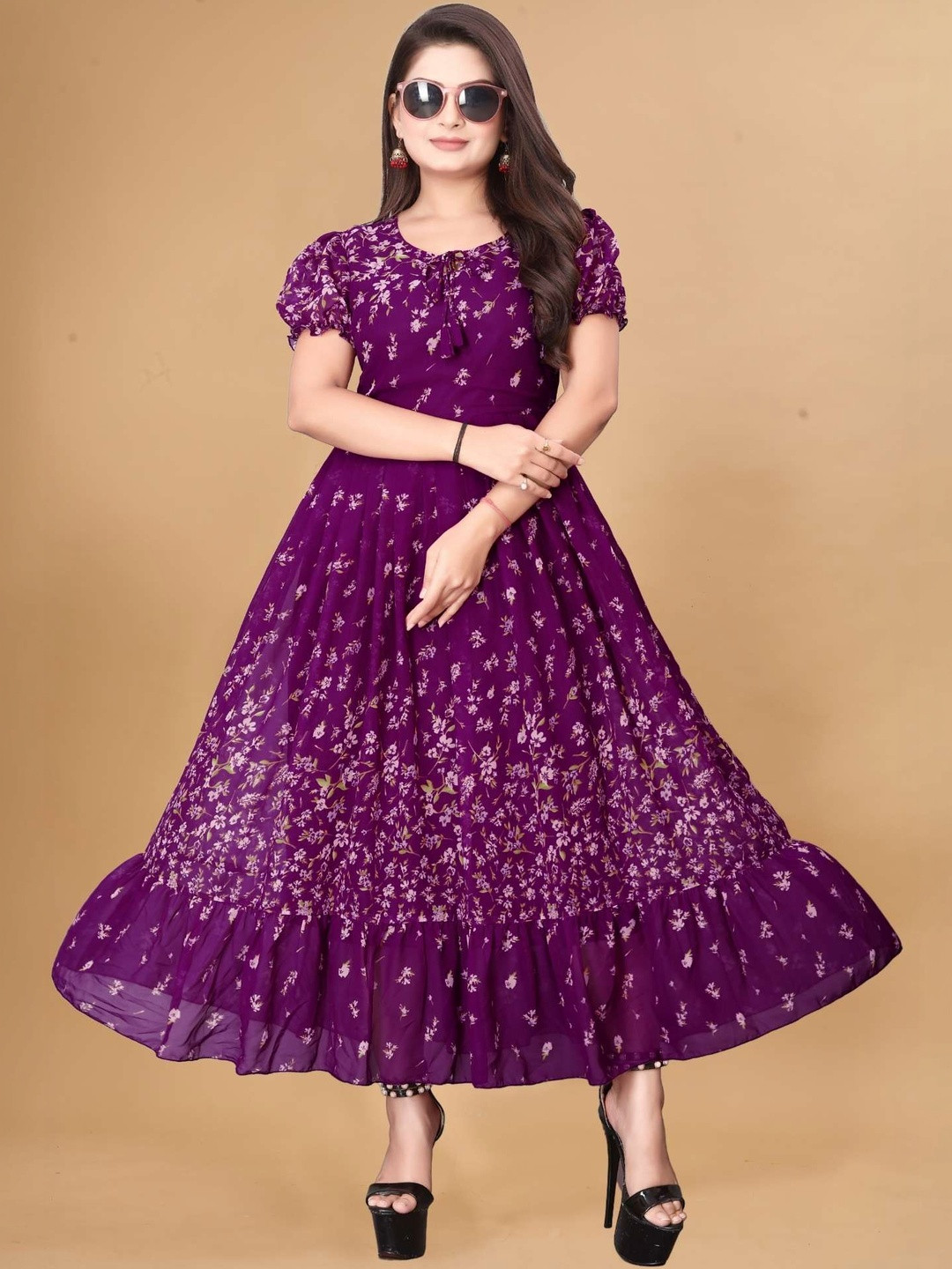 QENA Floral Print Puff Sleeve Georgette Fit & Flare Maxi Dress