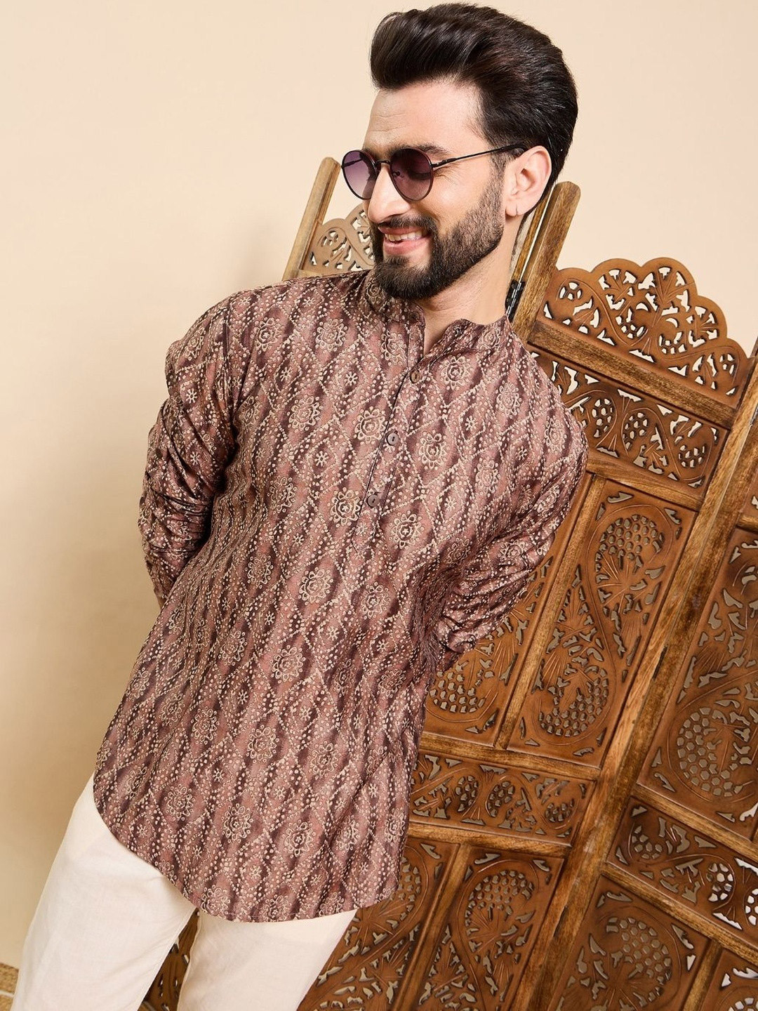 House of Pataudi Men Geometric Printed Band Collar Modal Straight Kurta