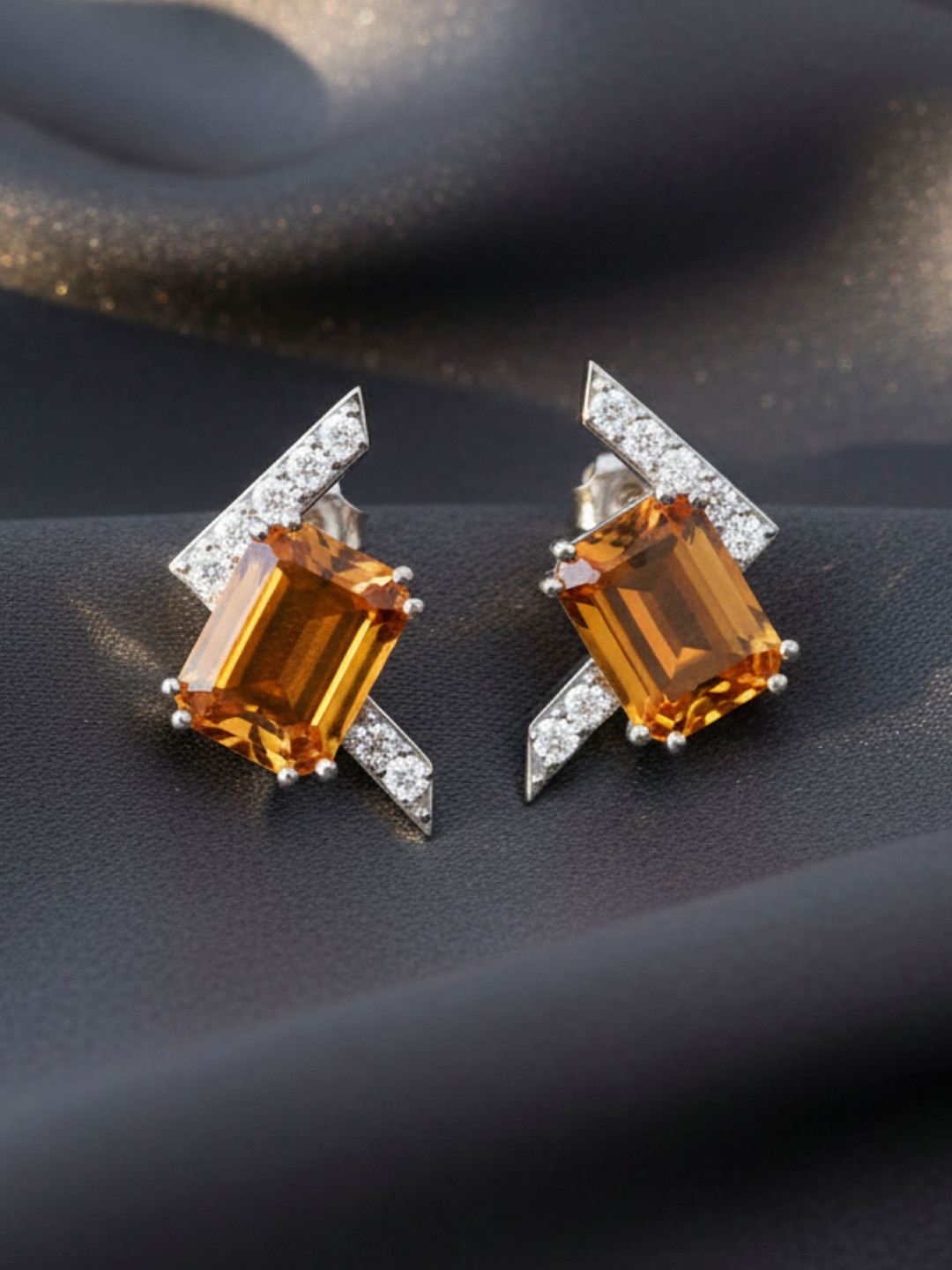 Kicky And Perky 925 Sterling Silver Octagon Shape Citrine & Moissanite Studded Earring