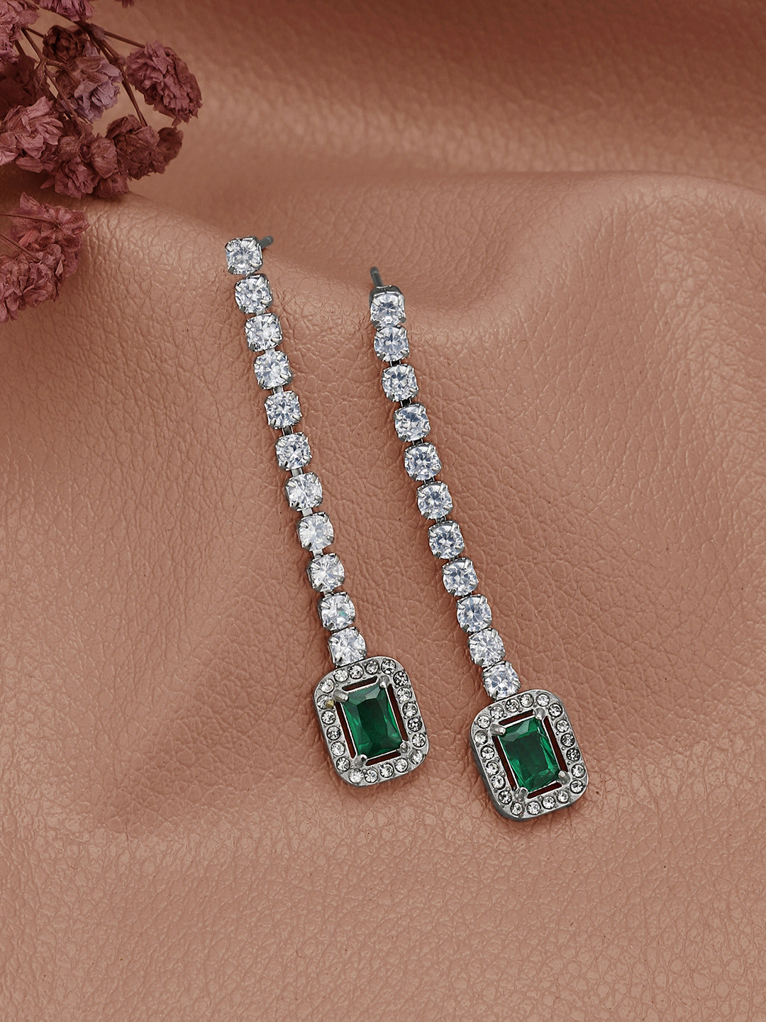 Carlton London Silver Plated Emerald CZ Square Drop Earring