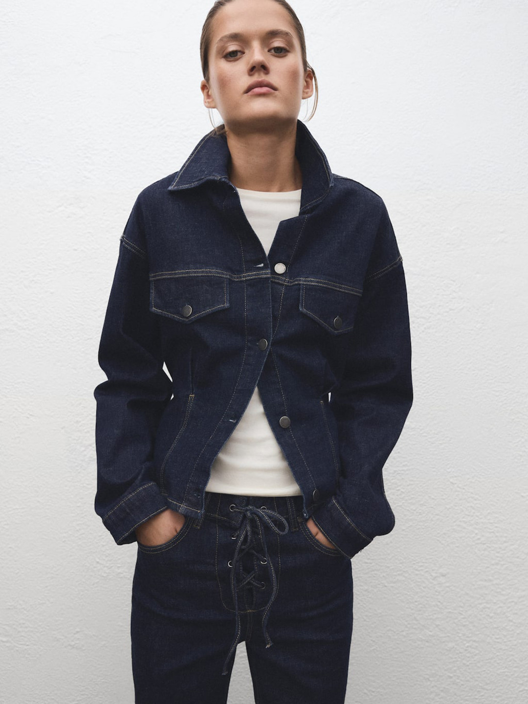 MANGO Pleated Relaxed Fit Denim Jacket