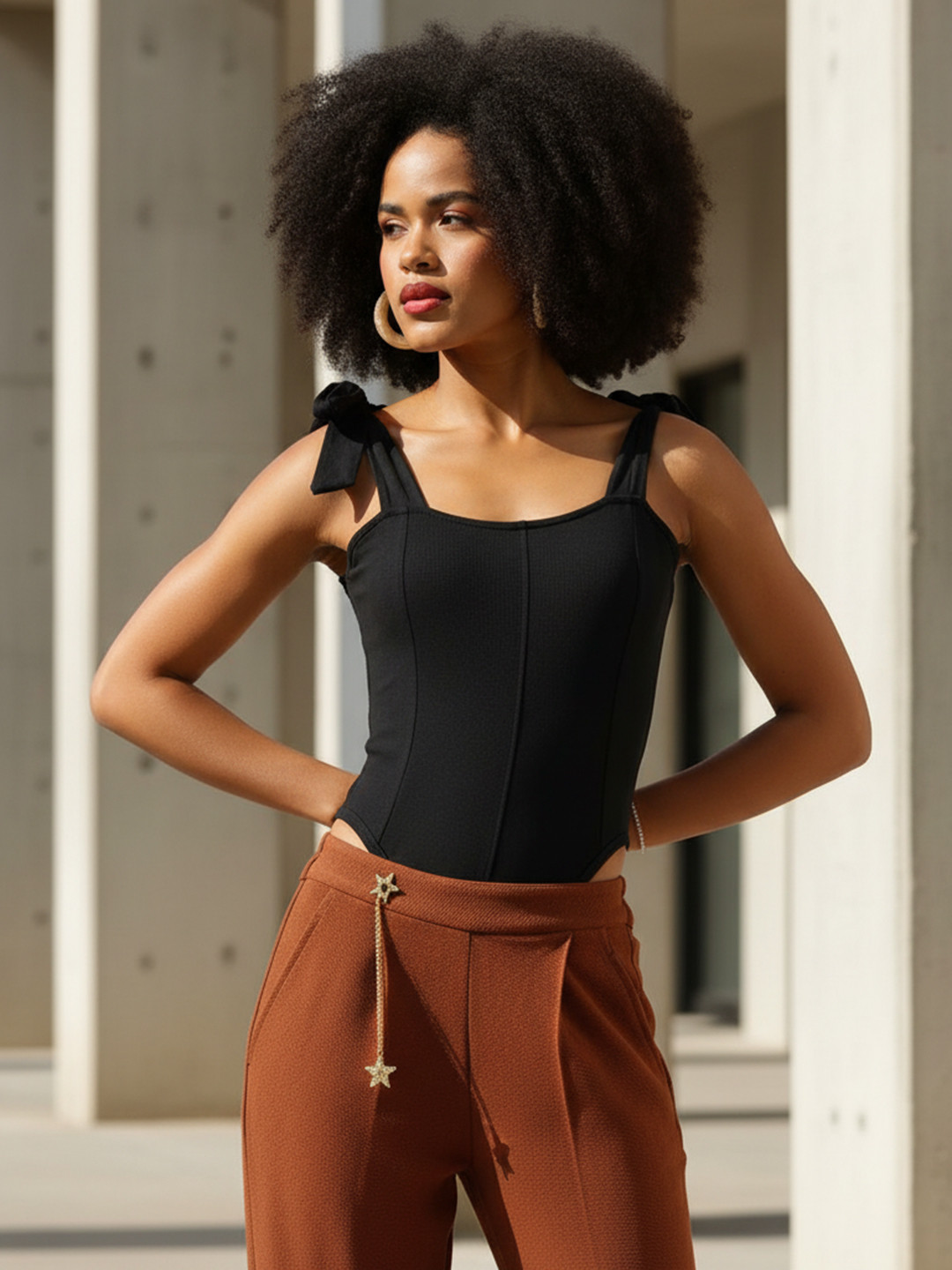 bebe Ribbed Shoulder Tie-Ups Bodysuit