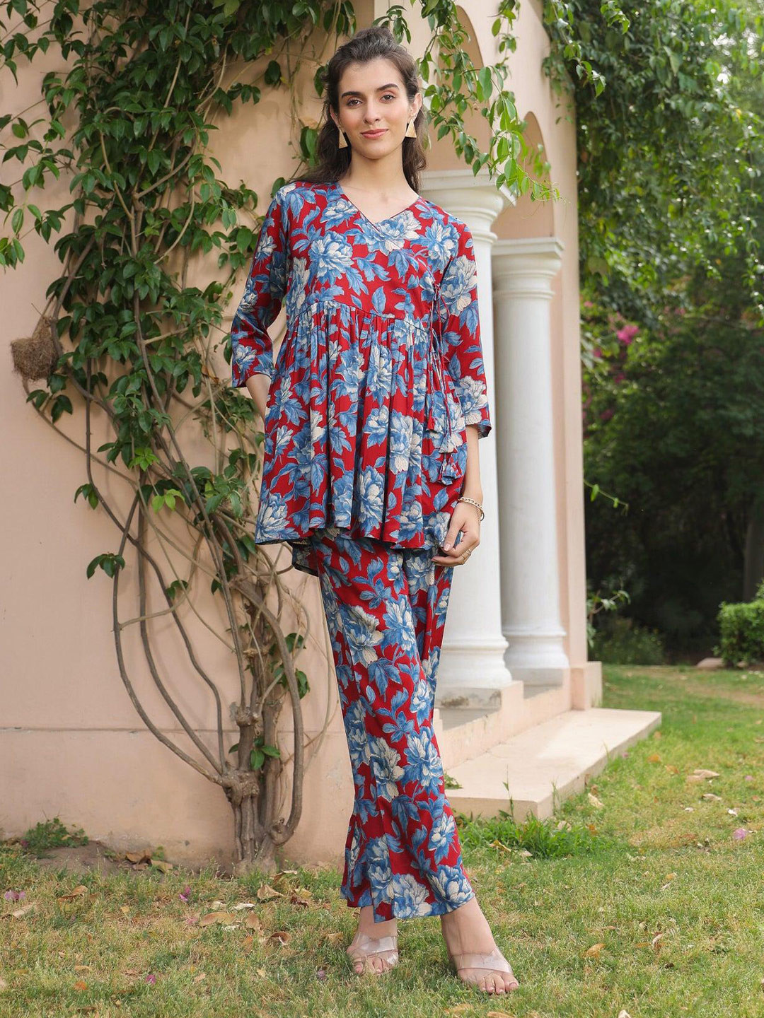 JISORA Printed V-Neck Russian Silk Top & Trouser Co-Ords