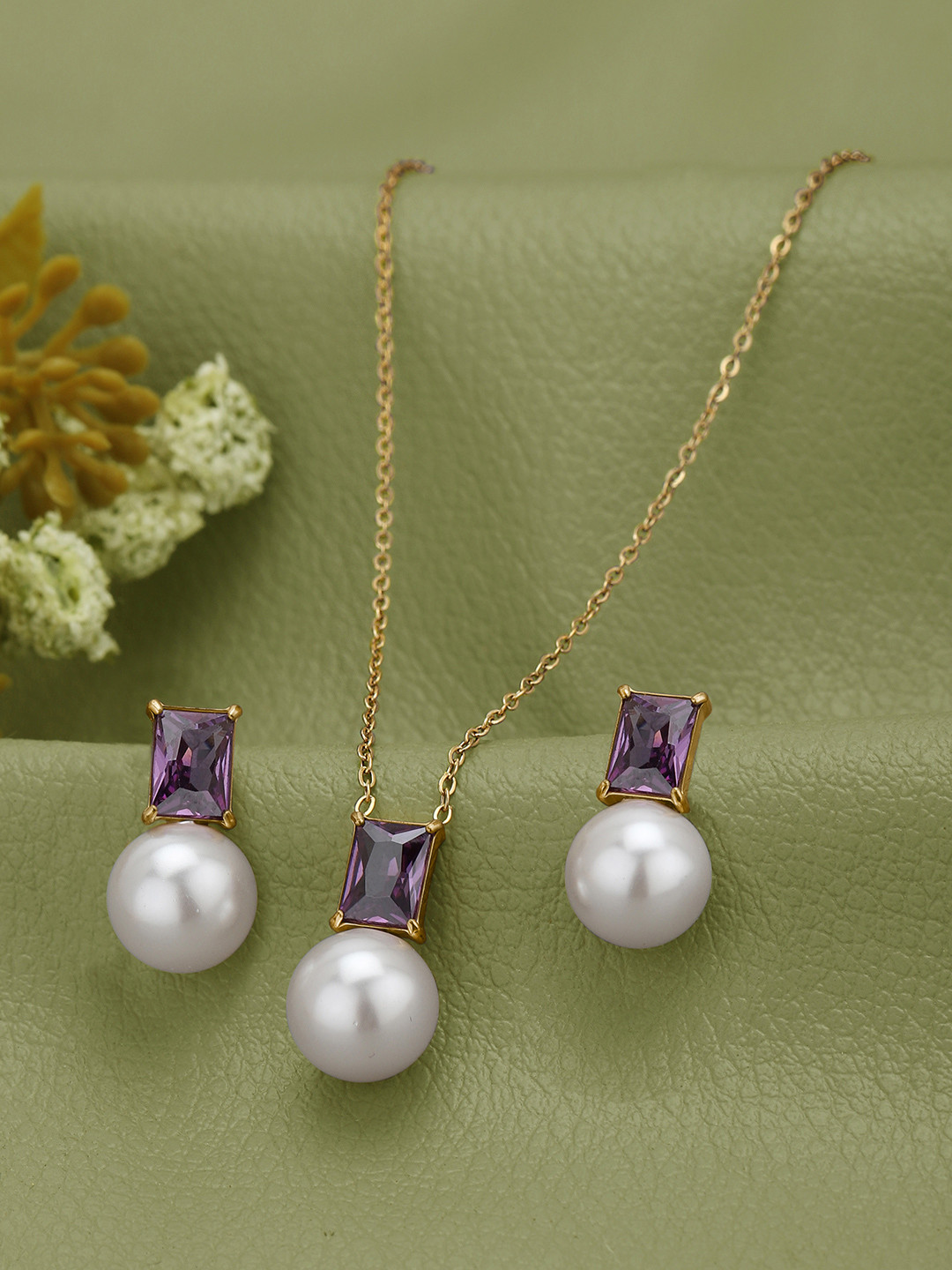 Carlton London 18K Gold Plated Lavender CZ Pearls Necklace With Earring Set