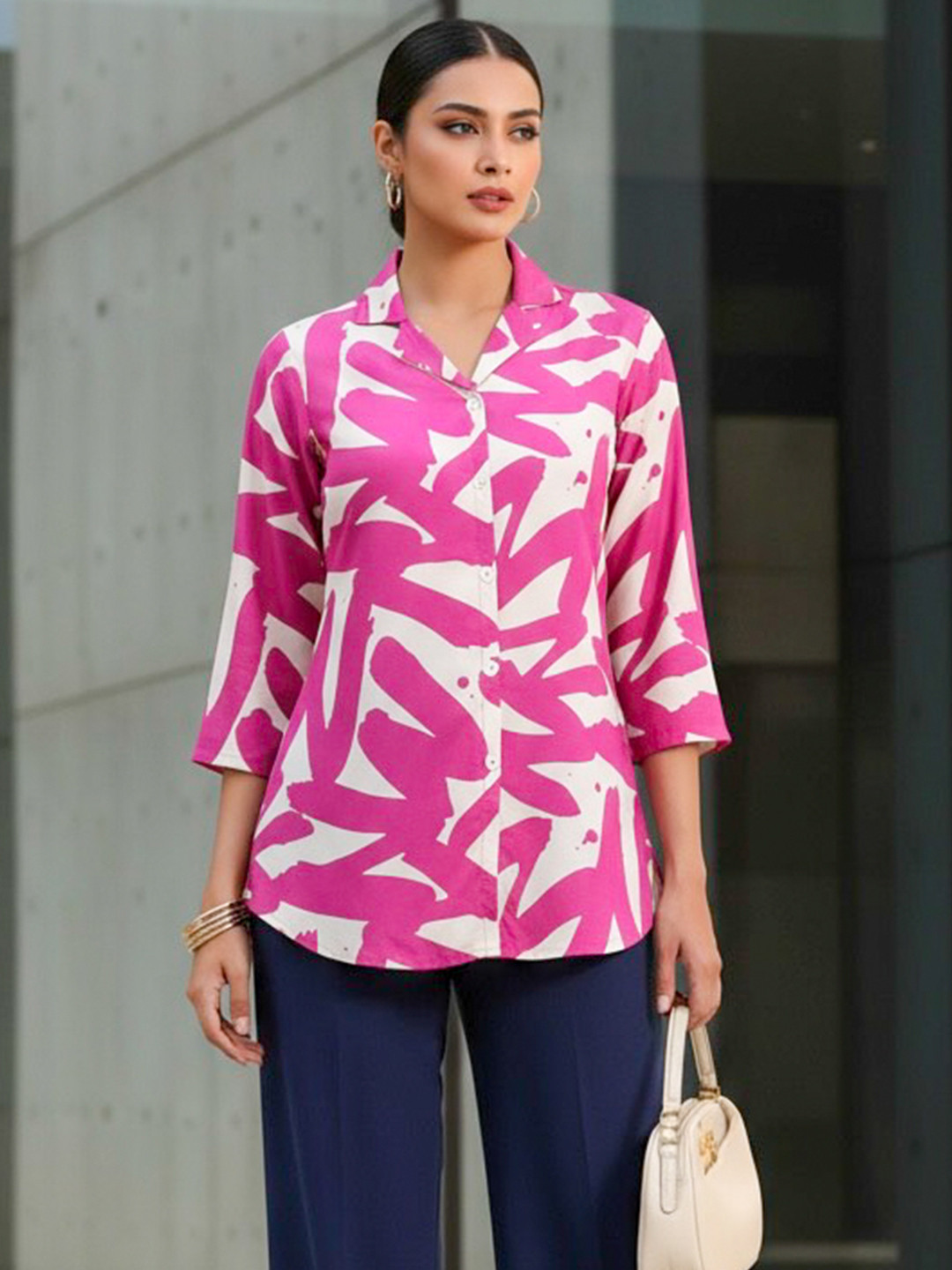 JISORA Women Abstract Printed Cuban Collar Pure Silk Top