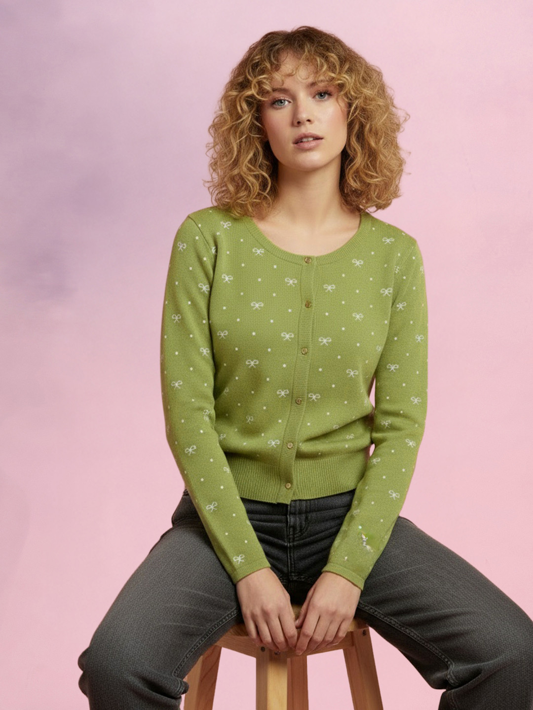 DressBerry Conversational Printed Acrylic Button-Down Cardigan