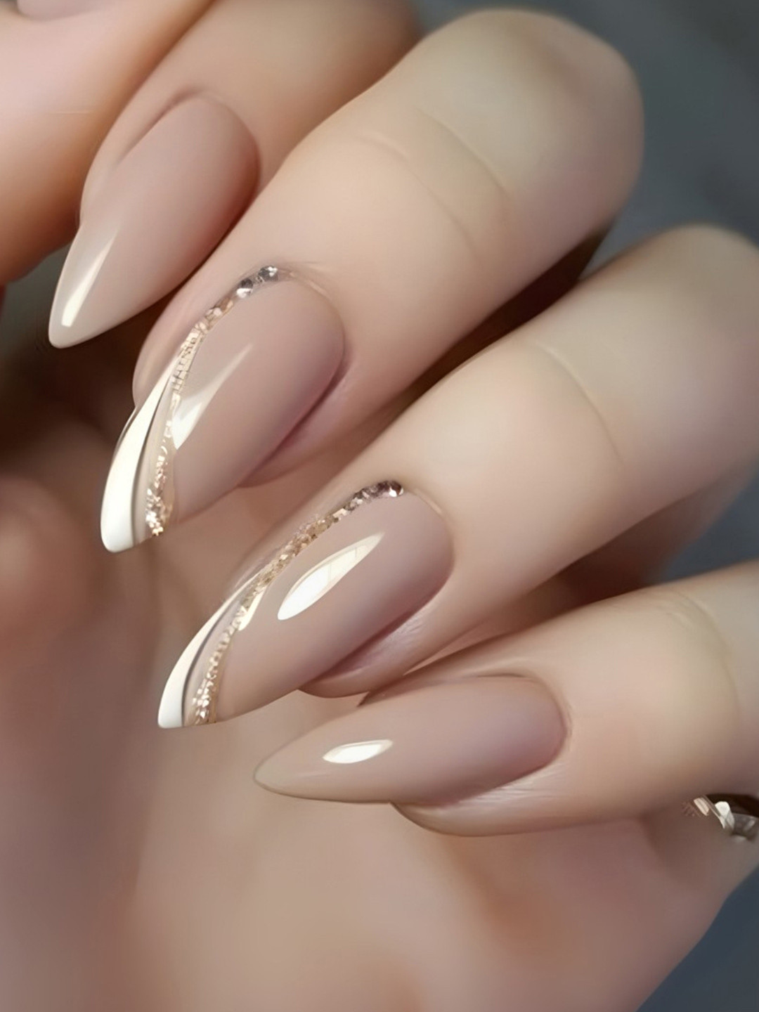 Secret Lives Set Of 24 Glossy Almond Shape With Glitter Reusable Nail -White Golden Stud