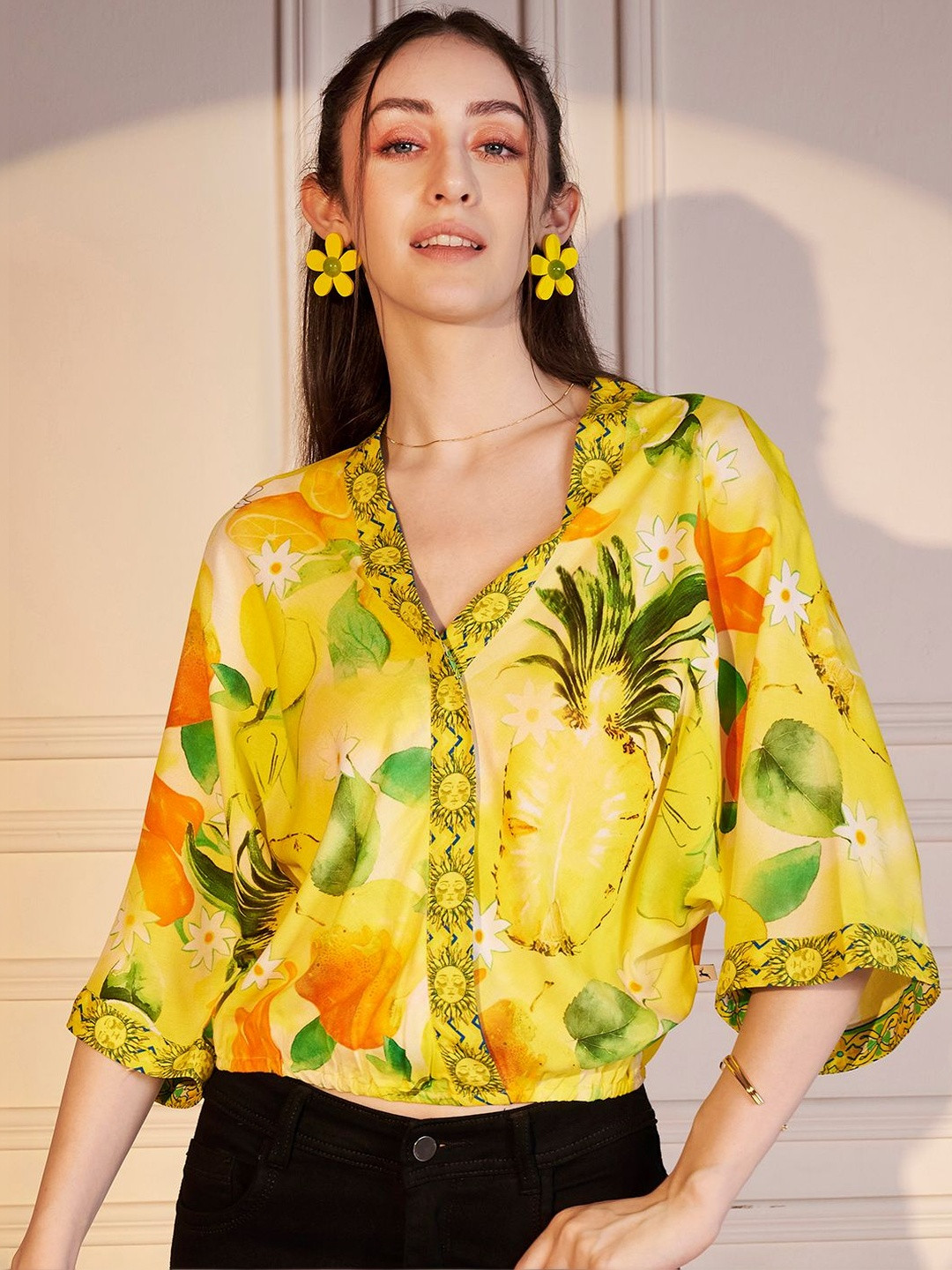 VALBONE Tropical Print Batwing Sleeve Tropical Blouson Top
