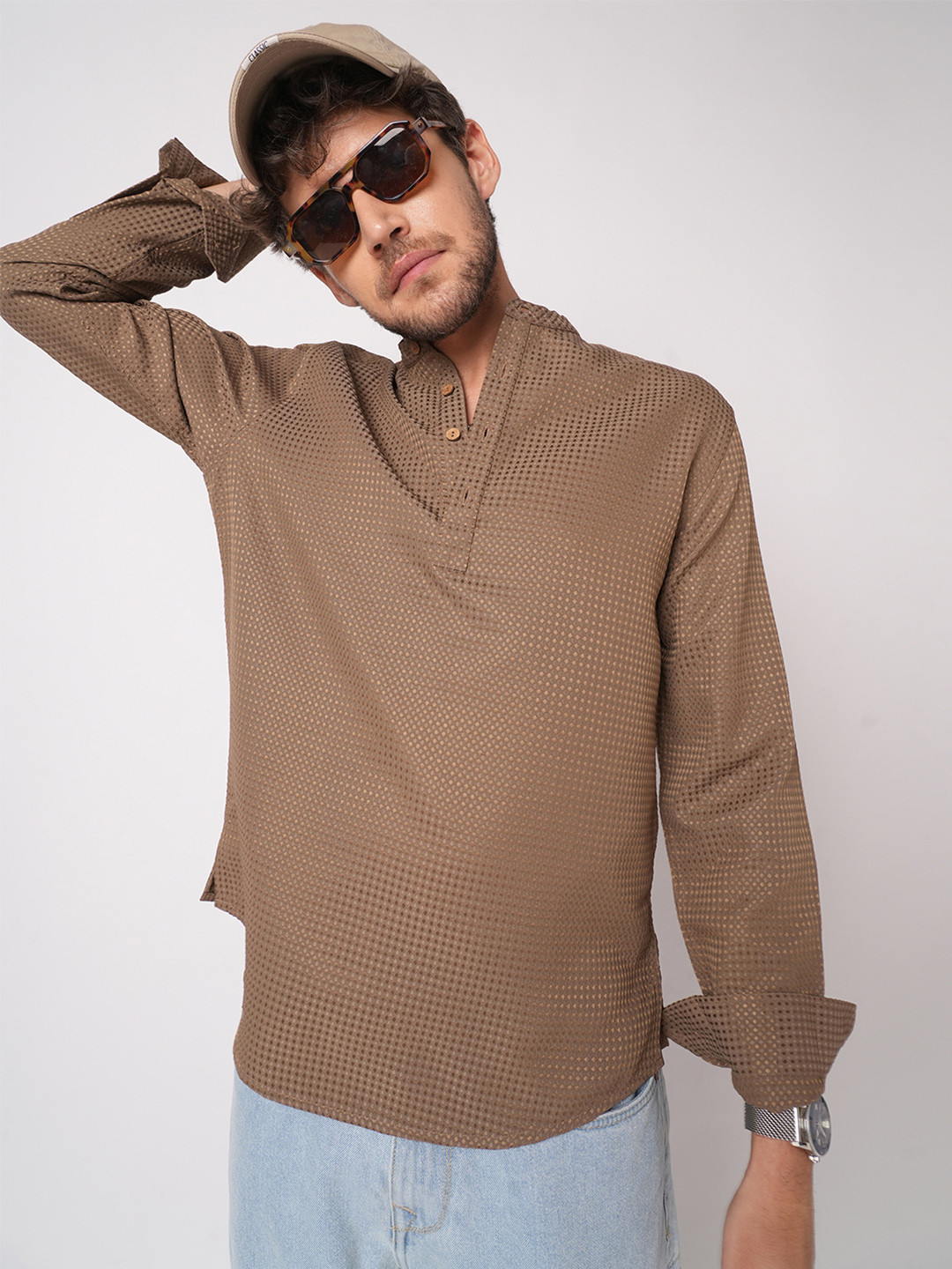 VASTRADO Dot Embossed Self Design Band Collar Straight Kurta