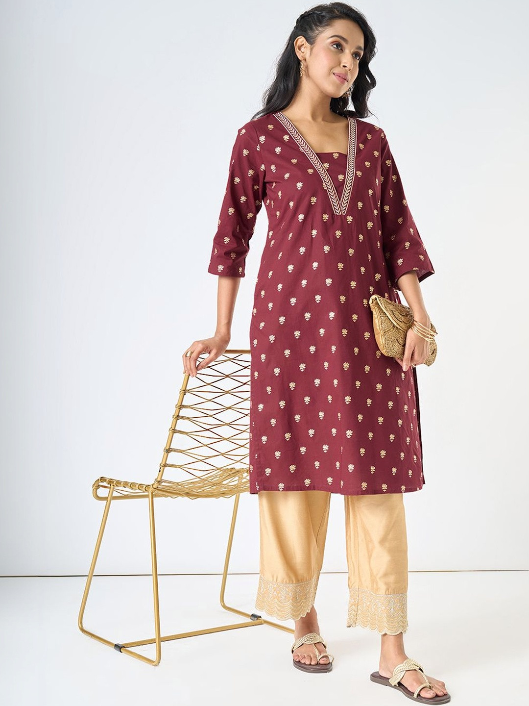 RANGMANCH BY PANTALOONS Women Geometric Printed Flared Sleeves Thread Work Kurta
