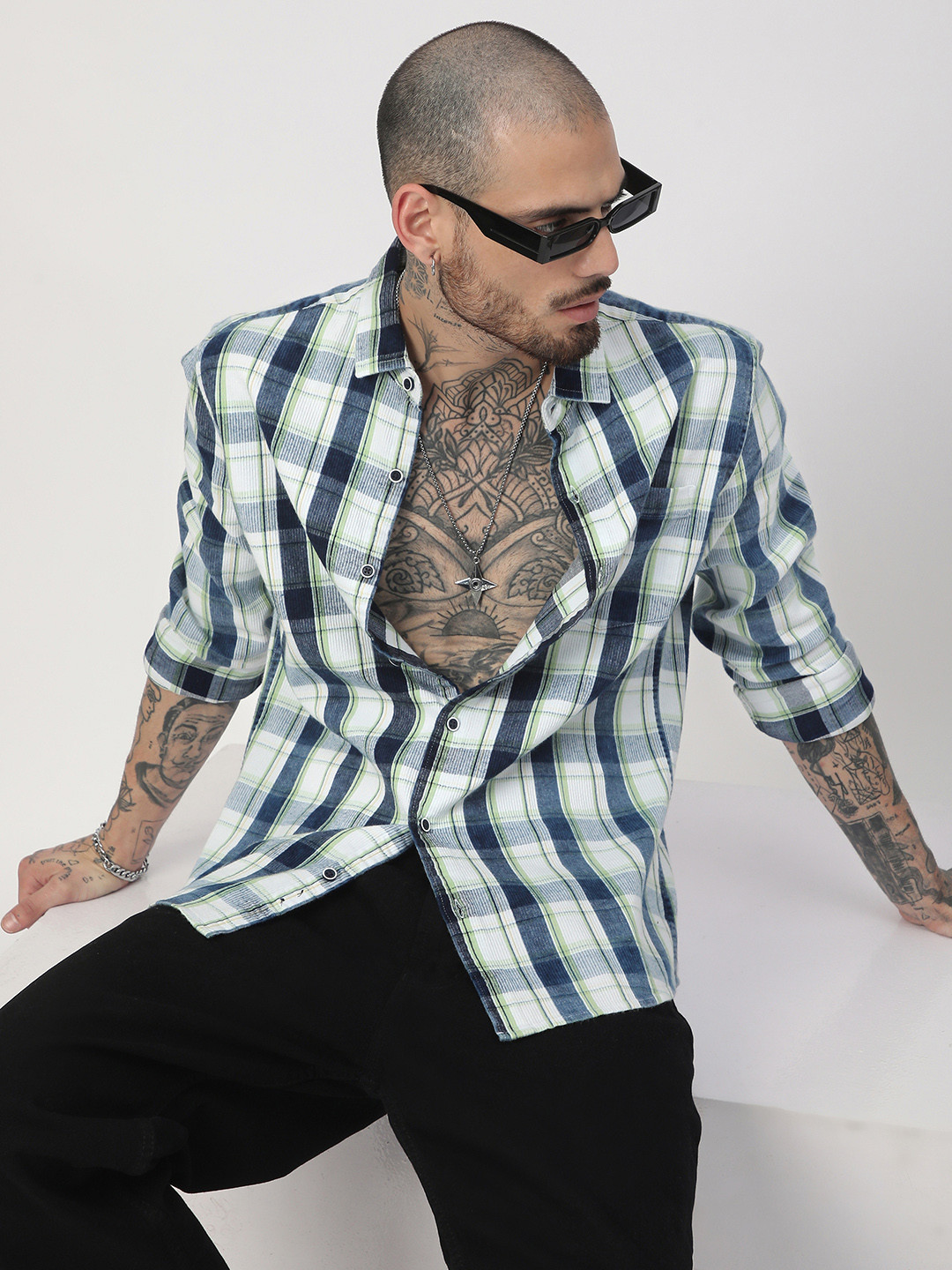 VASTRADO Denim Plaid Checked Cotton Long Sleeves Slim Fit Shirt