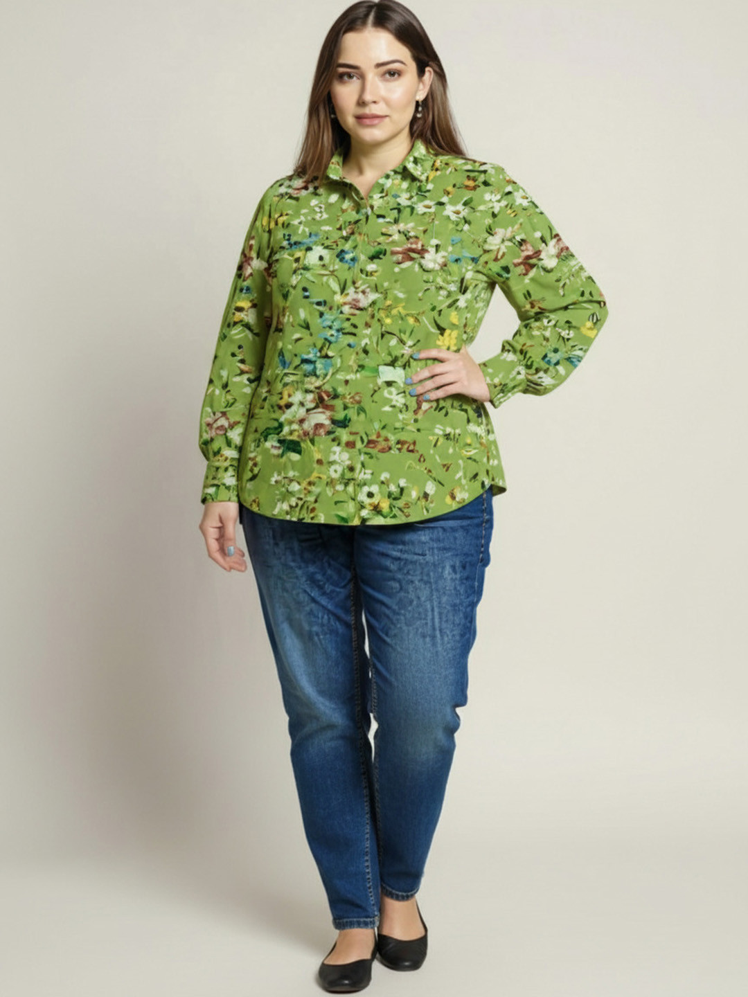 Sztori Women Green Floral Printed Round Neck Long Sleeves Top