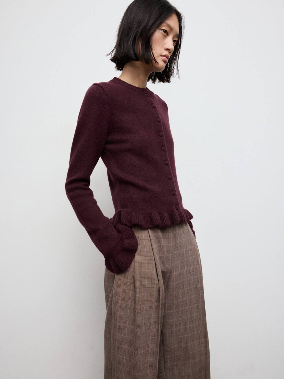 MANGO Round Neck Ruffle Detail Cardigan