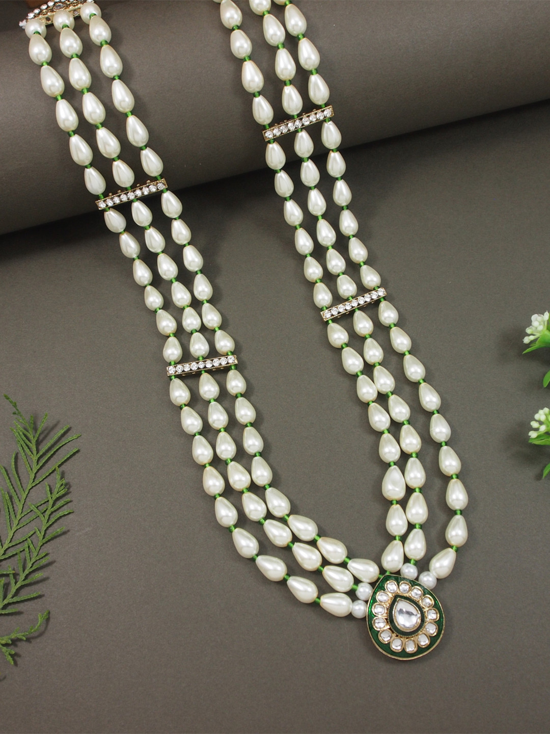 I Jewels Men Gold-Plated Artificial Stones Studded & Beaded Layered Teardrop Necklace