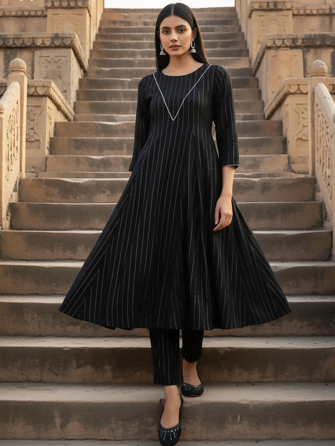 AADVIKA Striped Panelled Round Neck A-Line Kurta With Trousers