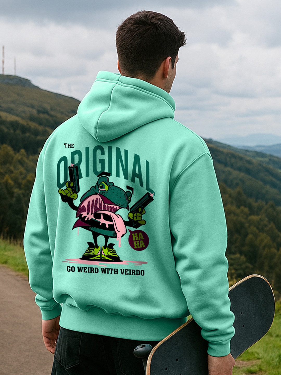VEIRDO Men Green Graphic Printed Cotton Fleece Regular Fit Hooded Pullover Sweatshirt