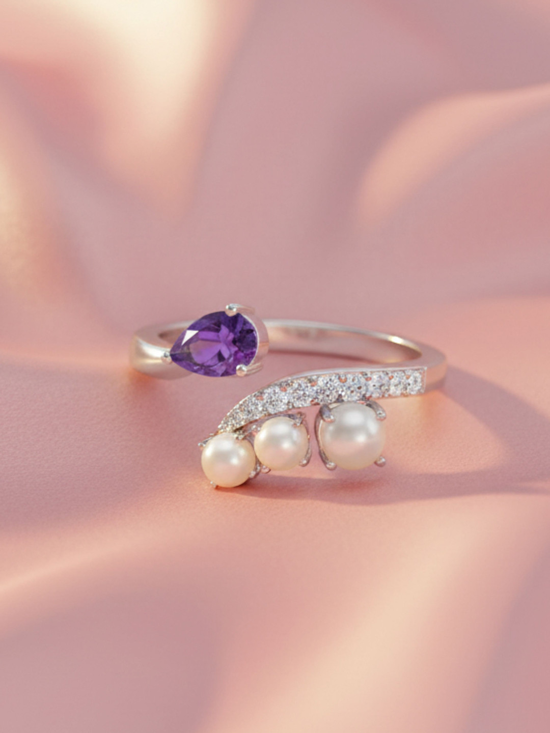 Kicky And Perky 925 Sterling Silver Rhodium-Plated Amethyst Stone Studded Finger Ring
