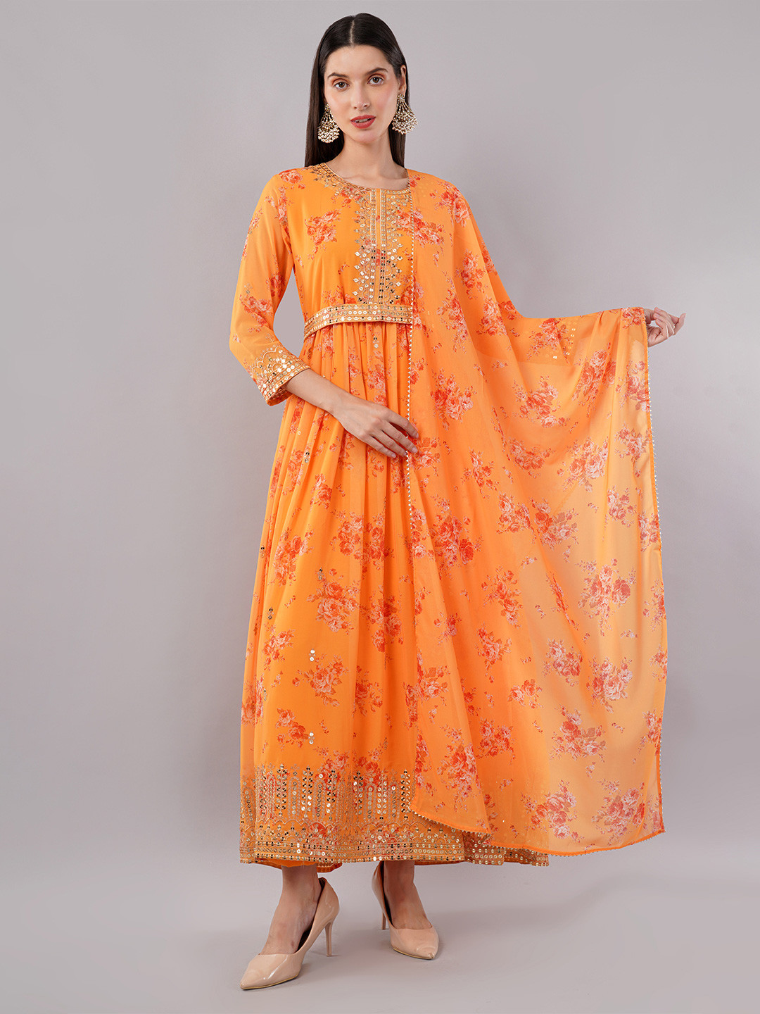dhartii Women Floral Printed Sequin Embroidered Anarkali Kurta Set with Dupatta & Belt
