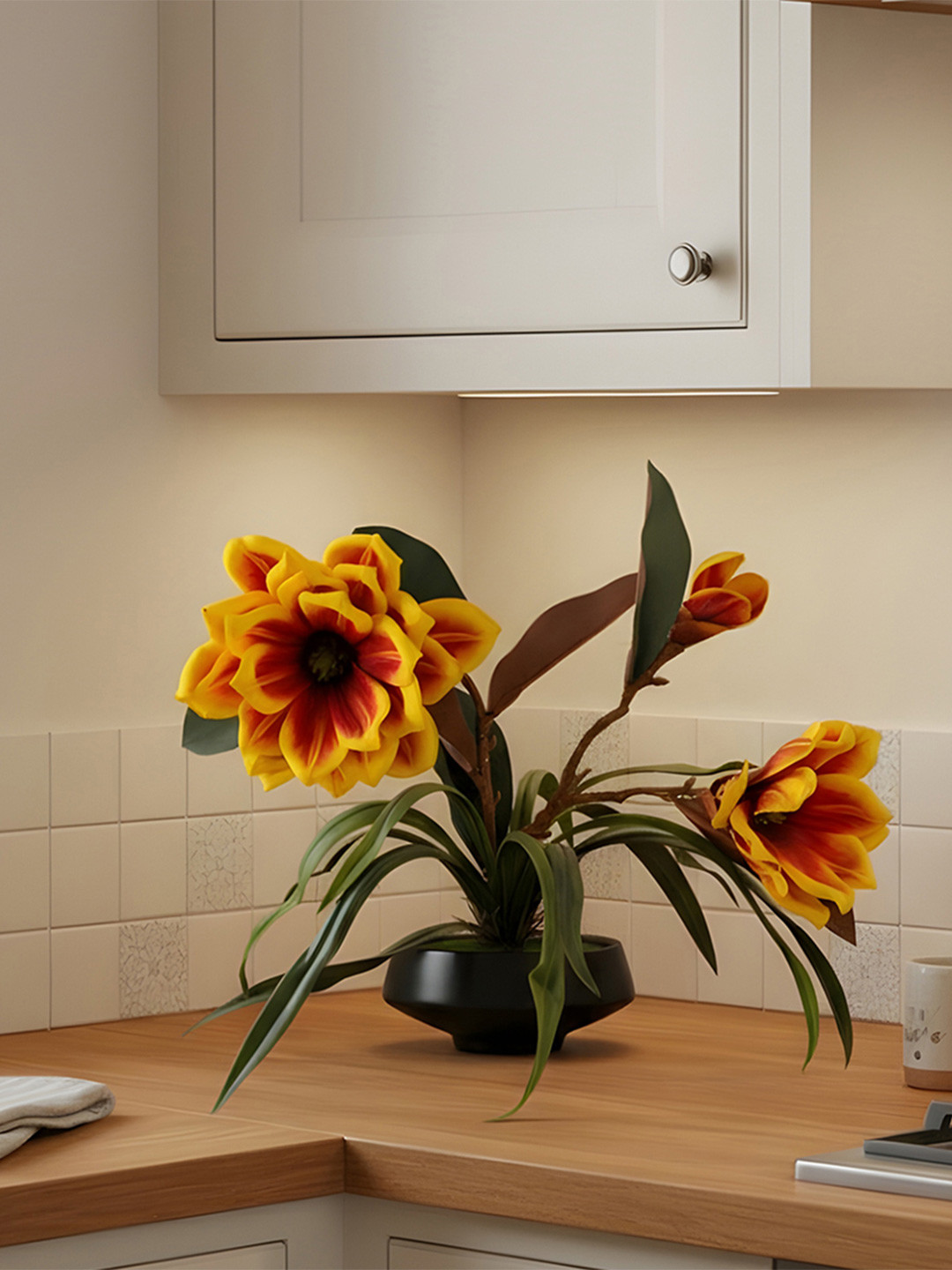 AARVI DECOR STUDIO Yellow & Green Magnolia Artificial Flower With Pot